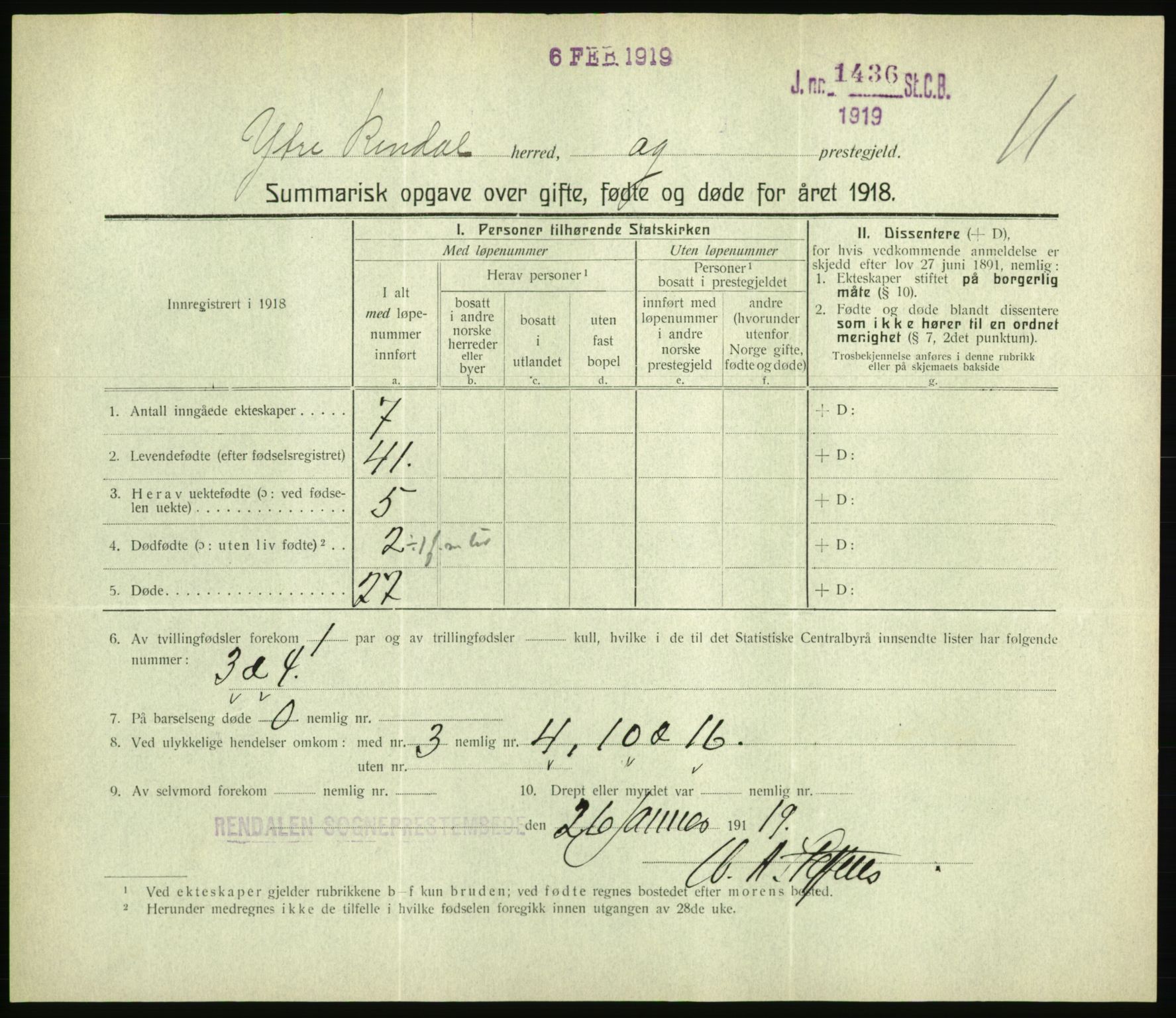 Statistisk sentralbyrå, Sosiodemografiske emner, Befolkning, RA/S-2228/D/Df/Dfb/Dfbh/L0059: Summariske oppgaver over gifte, fødte og døde for hele landet., 1918, p. 287