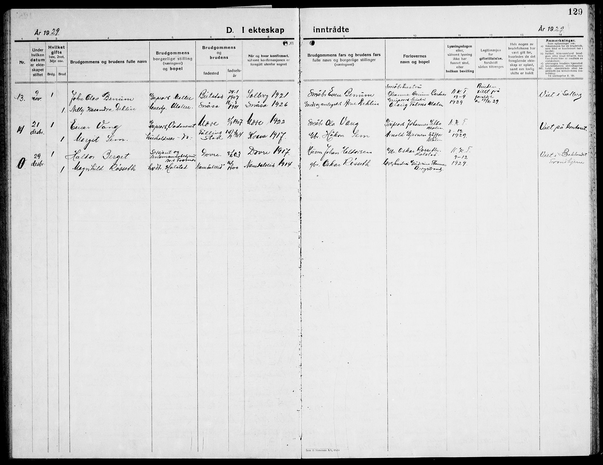 Ministerialprotokoller, klokkerbøker og fødselsregistre - Nord-Trøndelag, AV/SAT-A-1458/741/L0403: Parish register (copy) no. 741C04, 1925-1944, p. 129