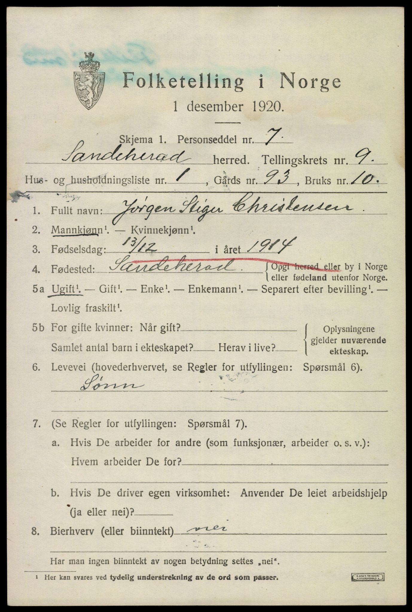 SAKO, 1920 census for Sandeherred, 1920, p. 14290