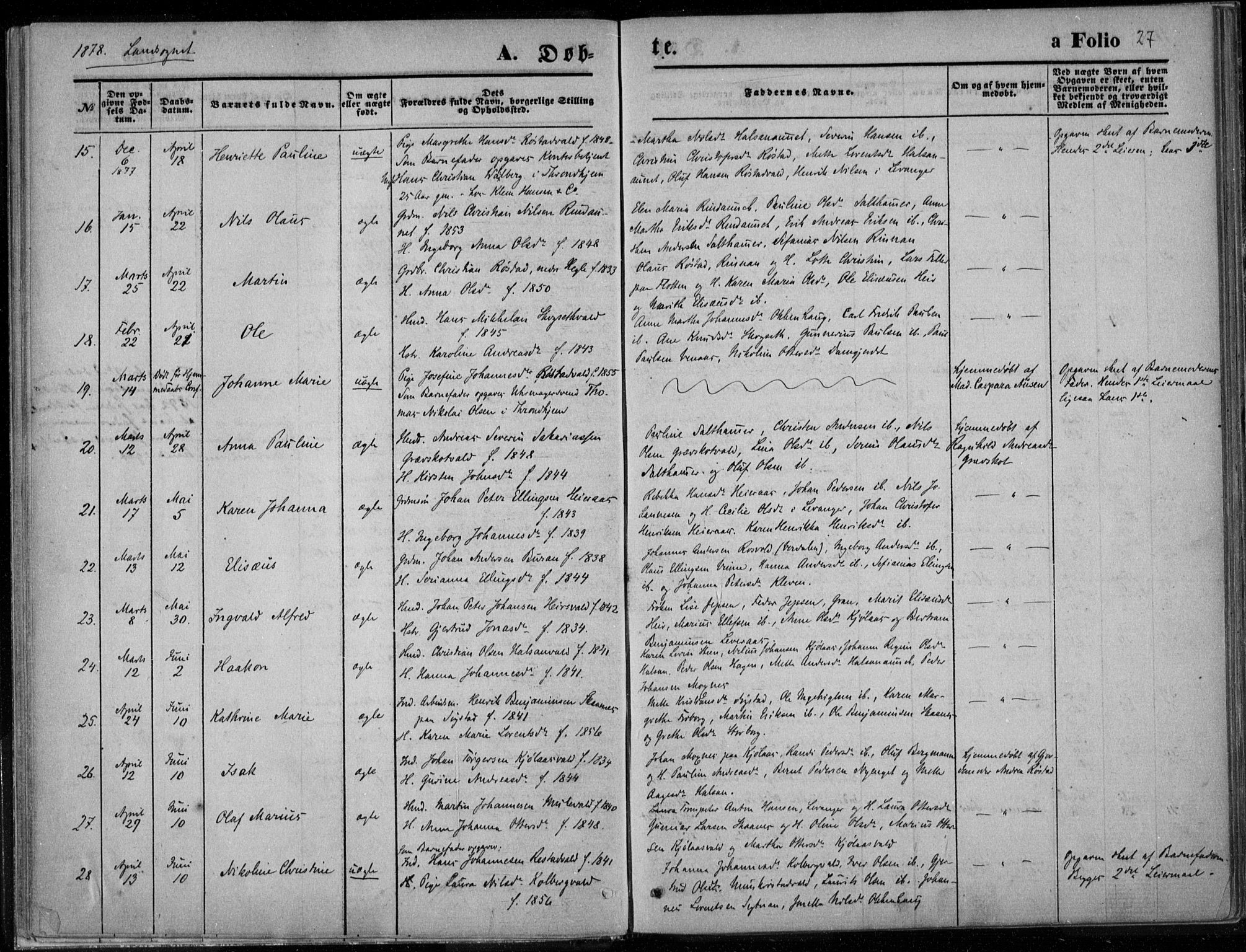 Ministerialprotokoller, klokkerbøker og fødselsregistre - Nord-Trøndelag, SAT/A-1458/720/L0187: Parish register (official) no. 720A04 /2, 1875-1879, p. 27
