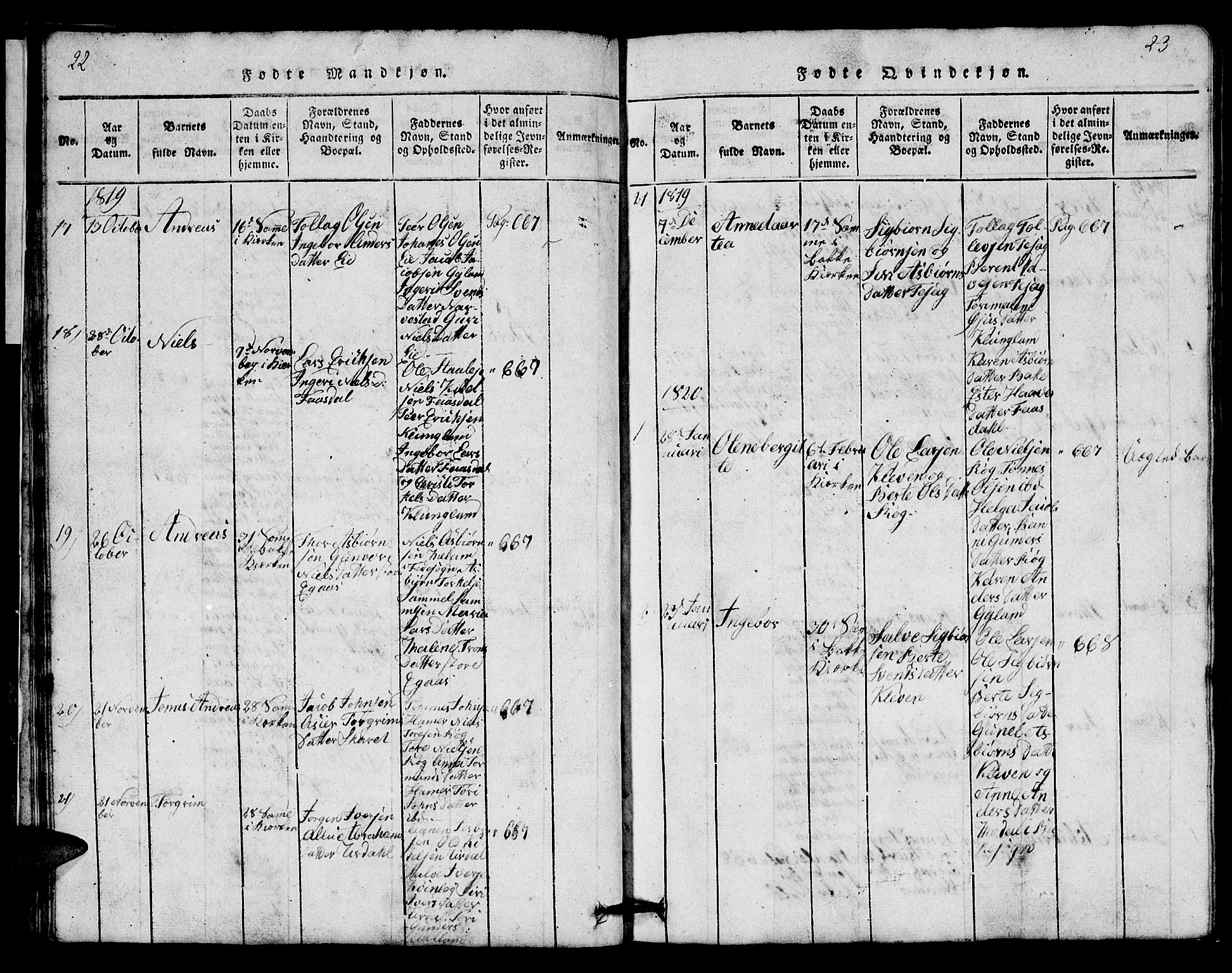 Bakke sokneprestkontor, AV/SAK-1111-0002/F/Fb/Fbb/L0001: Parish register (copy) no. B 1, 1815-1835, p. 22-23