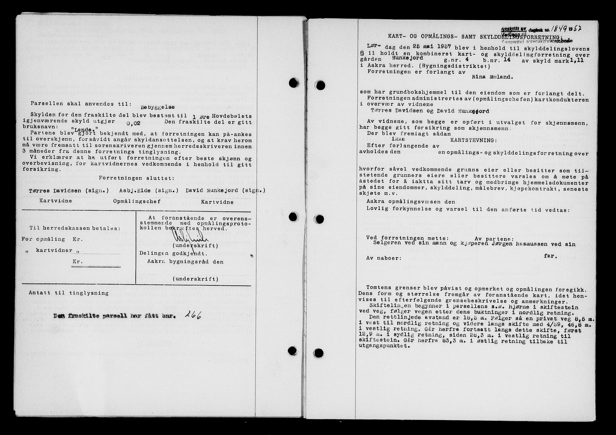 Karmsund sorenskriveri, AV/SAST-A-100311/01/II/IIB/L0125: Mortgage book no. 105A, 1957-1957, Diary no: : 1849/1957