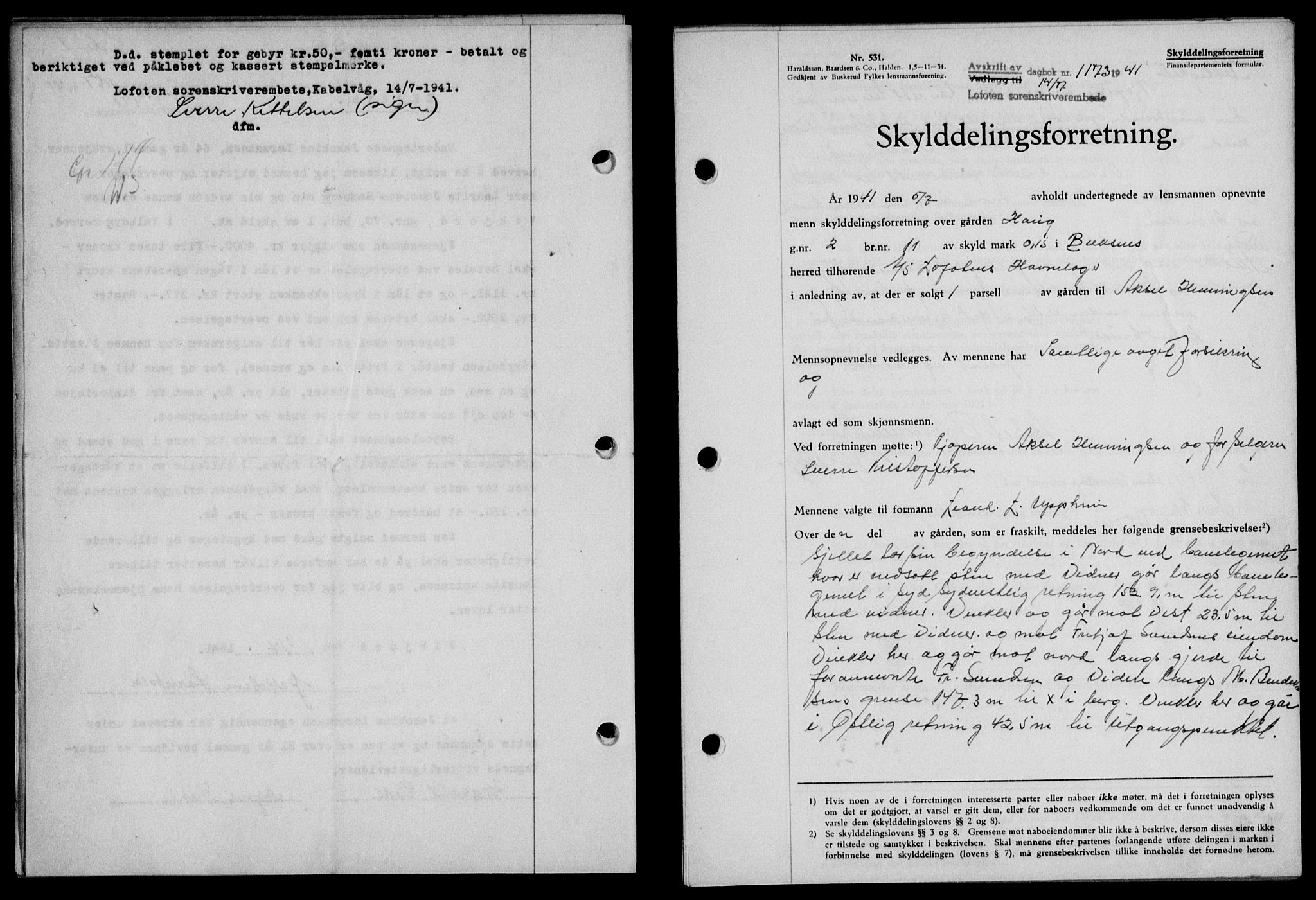Lofoten sorenskriveri, SAT/A-0017/1/2/2C/L0008a: Mortgage book no. 8a, 1940-1941, Diary no: : 1173/1941