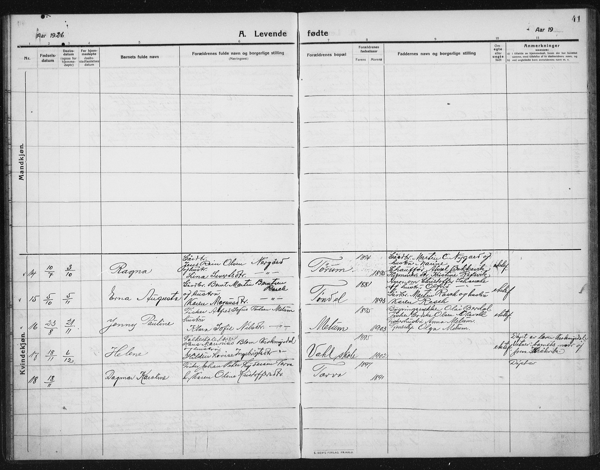 Ministerialprotokoller, klokkerbøker og fødselsregistre - Sør-Trøndelag, SAT/A-1456/652/L0654: Parish register (copy) no. 652C02, 1910-1937, p. 41