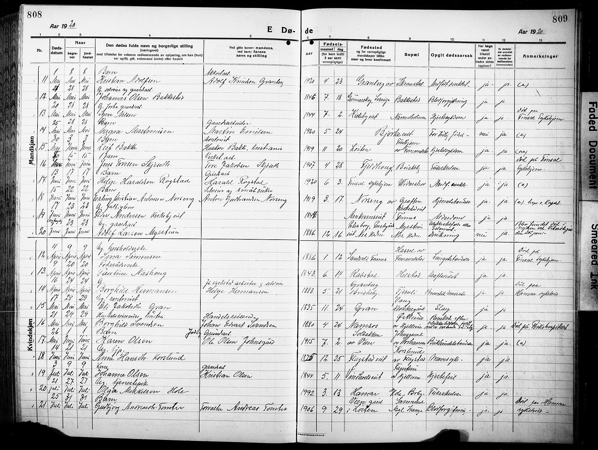 Vang prestekontor, Hedmark, SAH/PREST-008/H/Ha/Hab/L0015: Parish register (copy) no. 15, 1915-1933, p. 808-809