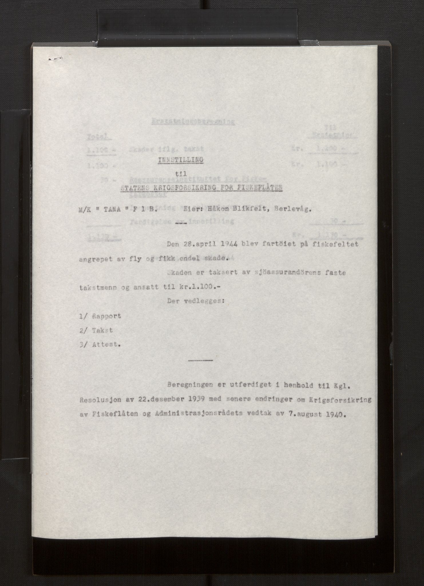 Fiskeridirektoratet - 1 Adm. ledelse - 13 Båtkontoret, AV/SAB-A-2003/La/L0008: Statens krigsforsikring for fiskeflåten, 1936-1971, p. 339