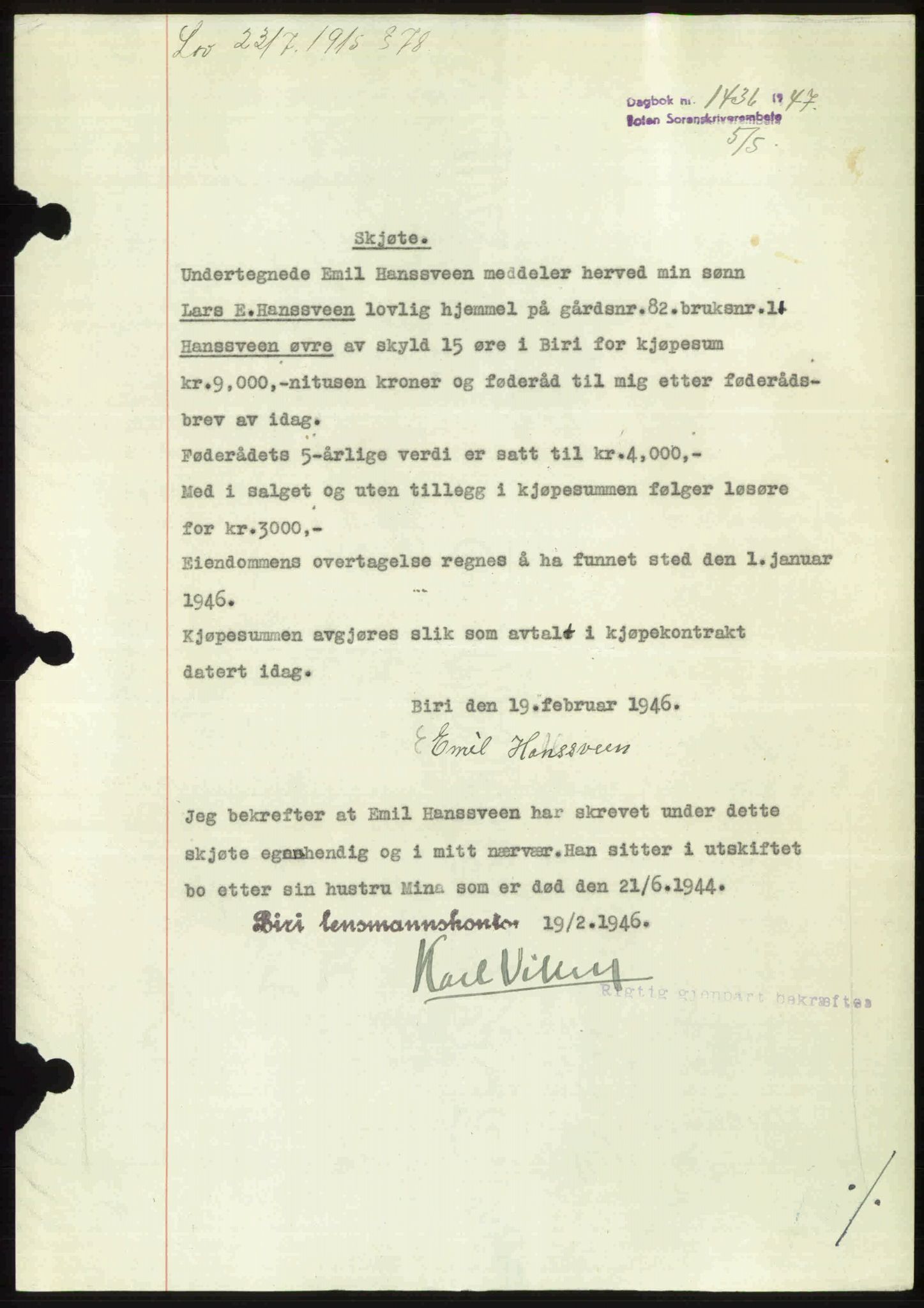 Toten tingrett, AV/SAH-TING-006/H/Hb/Hbc/L0017: Mortgage book no. Hbc-17, 1947-1947, Diary no: : 1436/1947