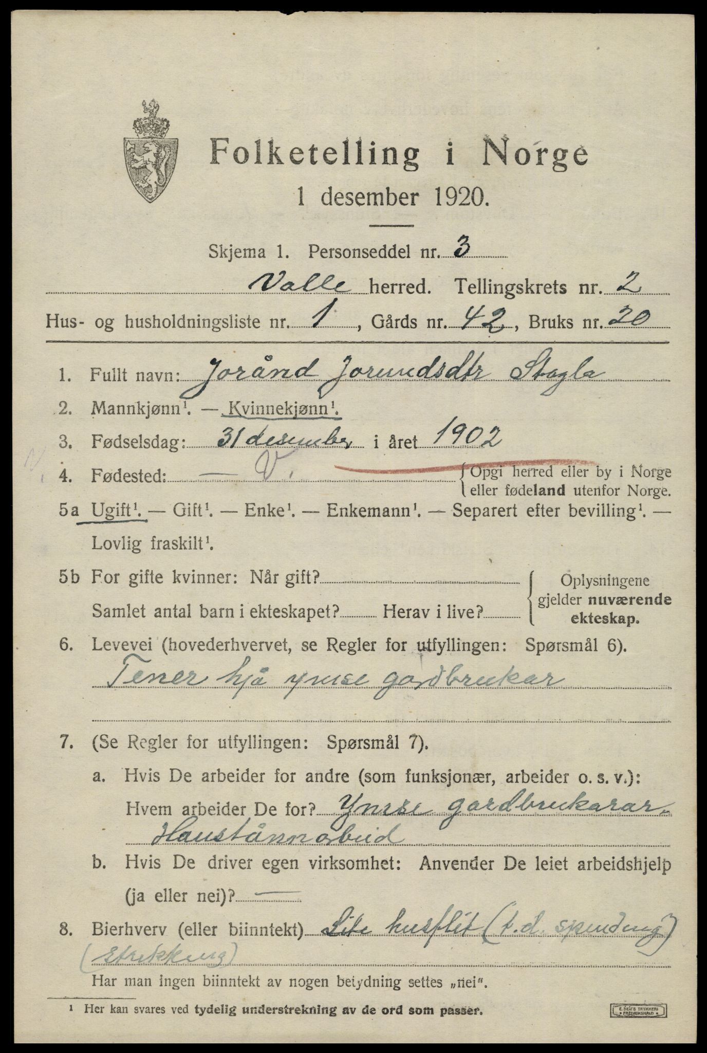 SAK, 1920 census for Valle, 1920, p. 957