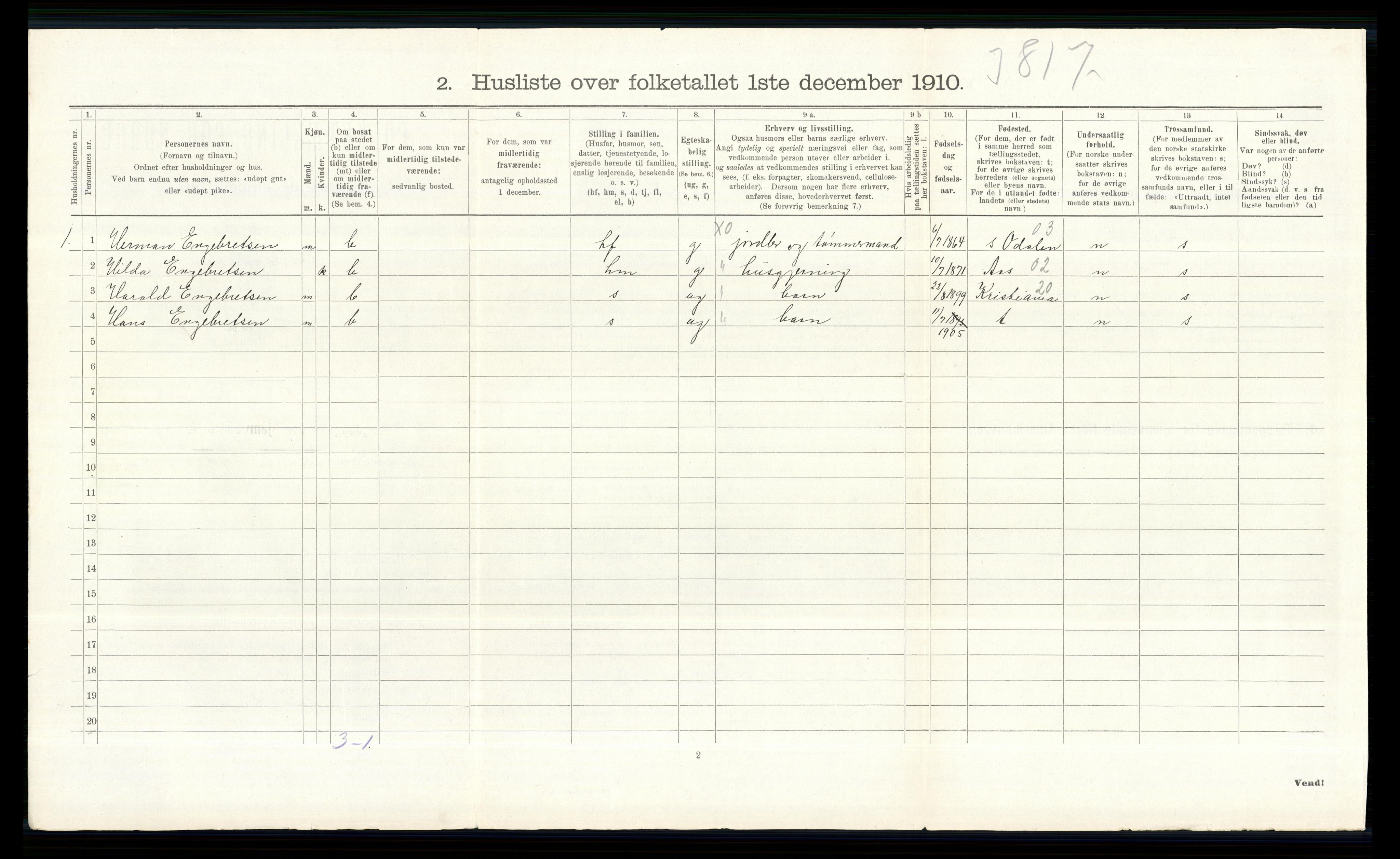 RA, 1910 census for Vinger, 1910, p. 464