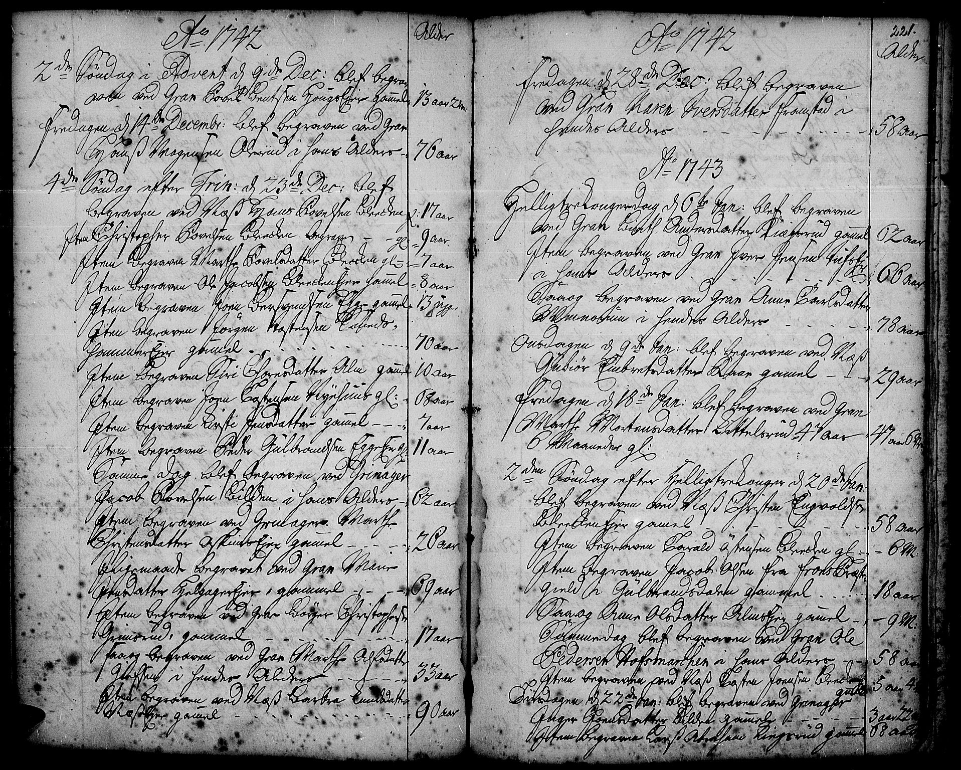 Gran prestekontor, SAH/PREST-112/H/Ha/Haa/L0002: Parish register (official) no. 2, 1732-1744, p. 221