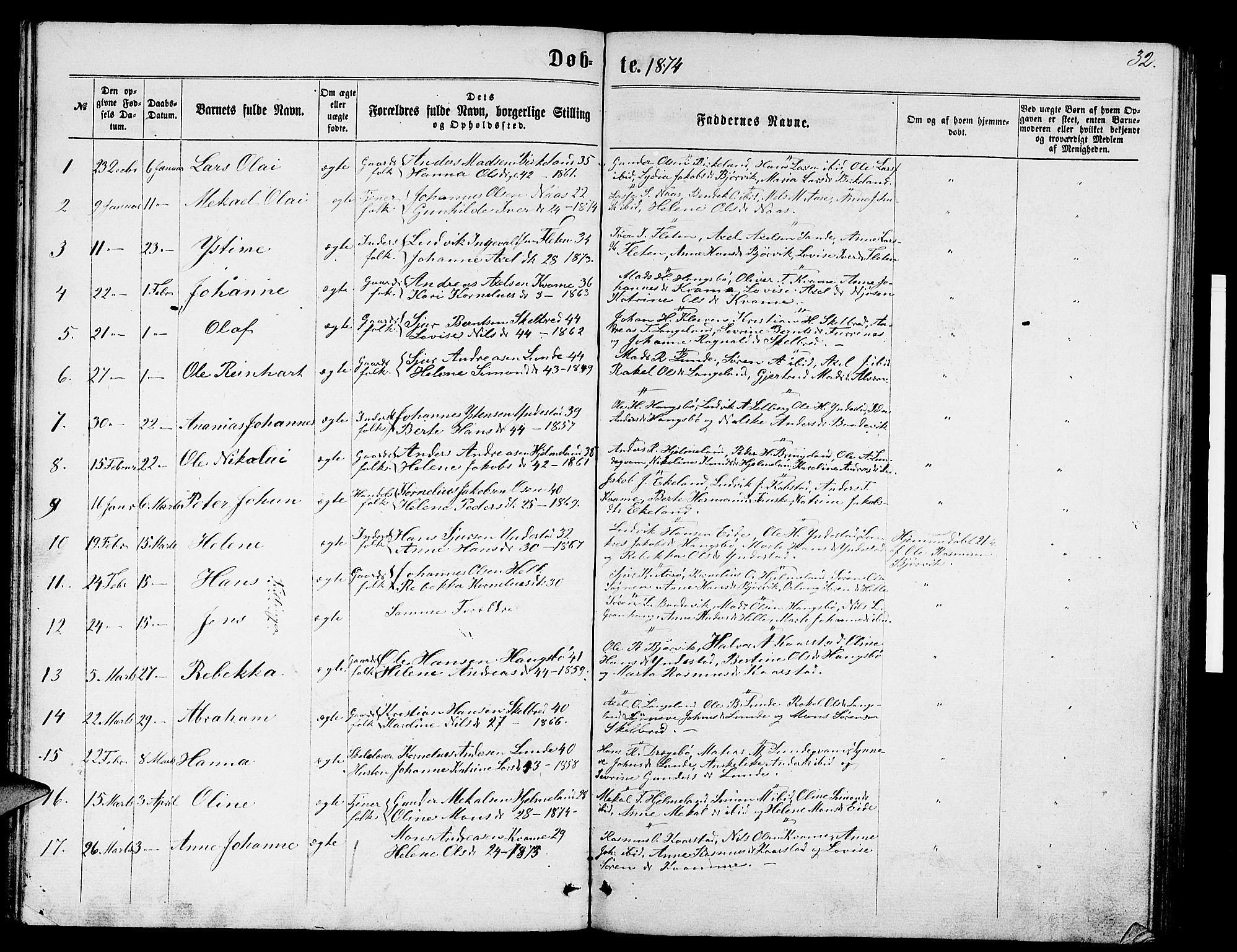 Gaular sokneprestembete, SAB/A-80001/H/Hab: Parish register (copy) no. B 2, 1863-1881, p. 32