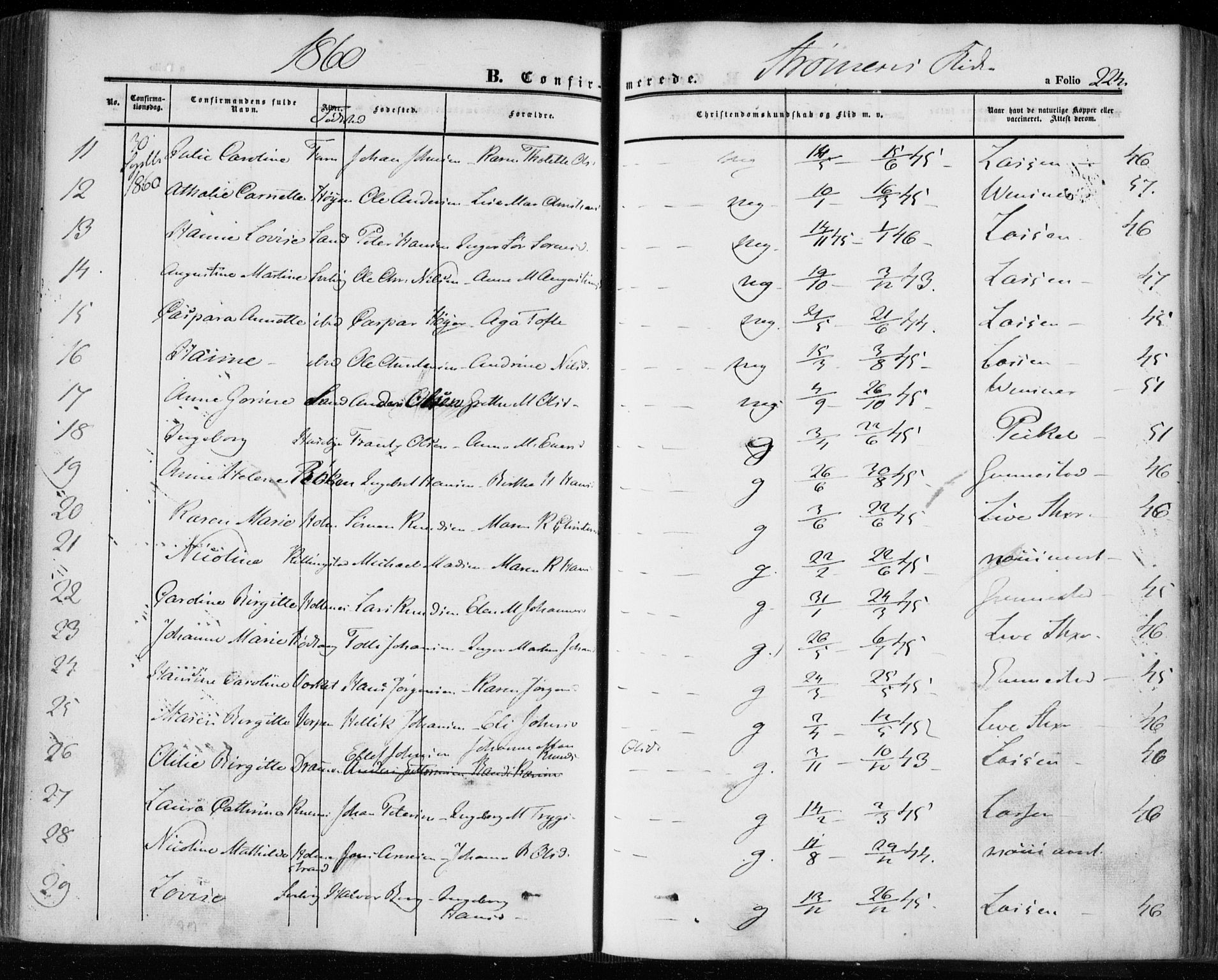 Hurum kirkebøker, AV/SAKO-A-229/F/Fa/L0011: Parish register (official) no. 11, 1847-1860, p. 224