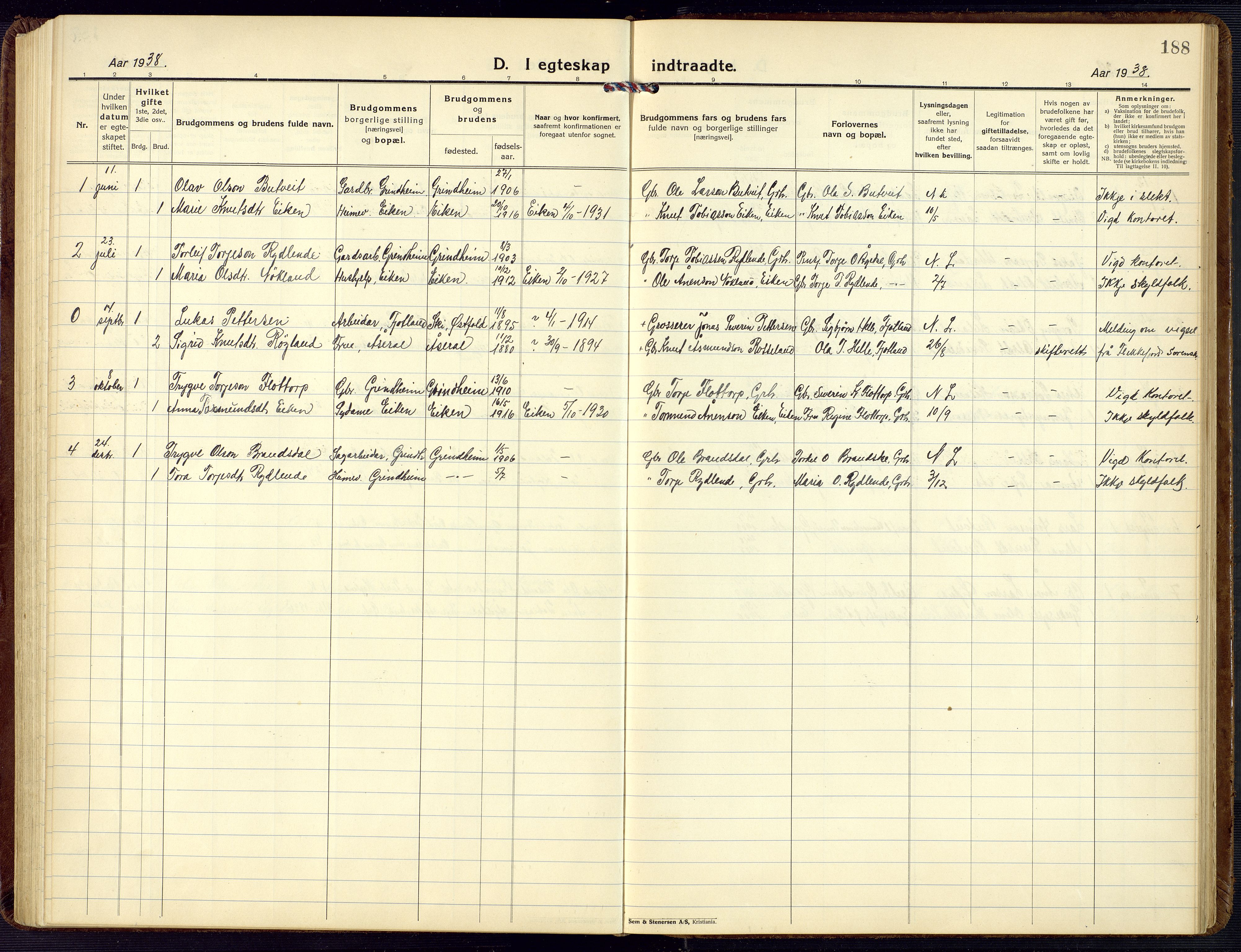 Bjelland sokneprestkontor, SAK/1111-0005/F/Fb/Fbc/L0004: Parish register (copy) no. B 4, 1921-1978, p. 188