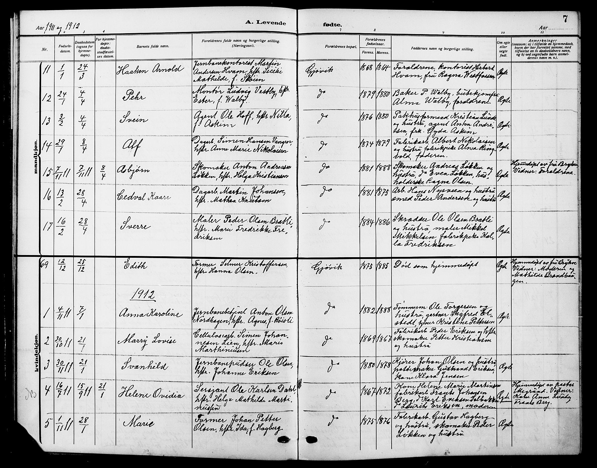 Vardal prestekontor, AV/SAH-PREST-100/H/Ha/Hab/L0014: Parish register (copy) no. 14, 1911-1922, p. 7