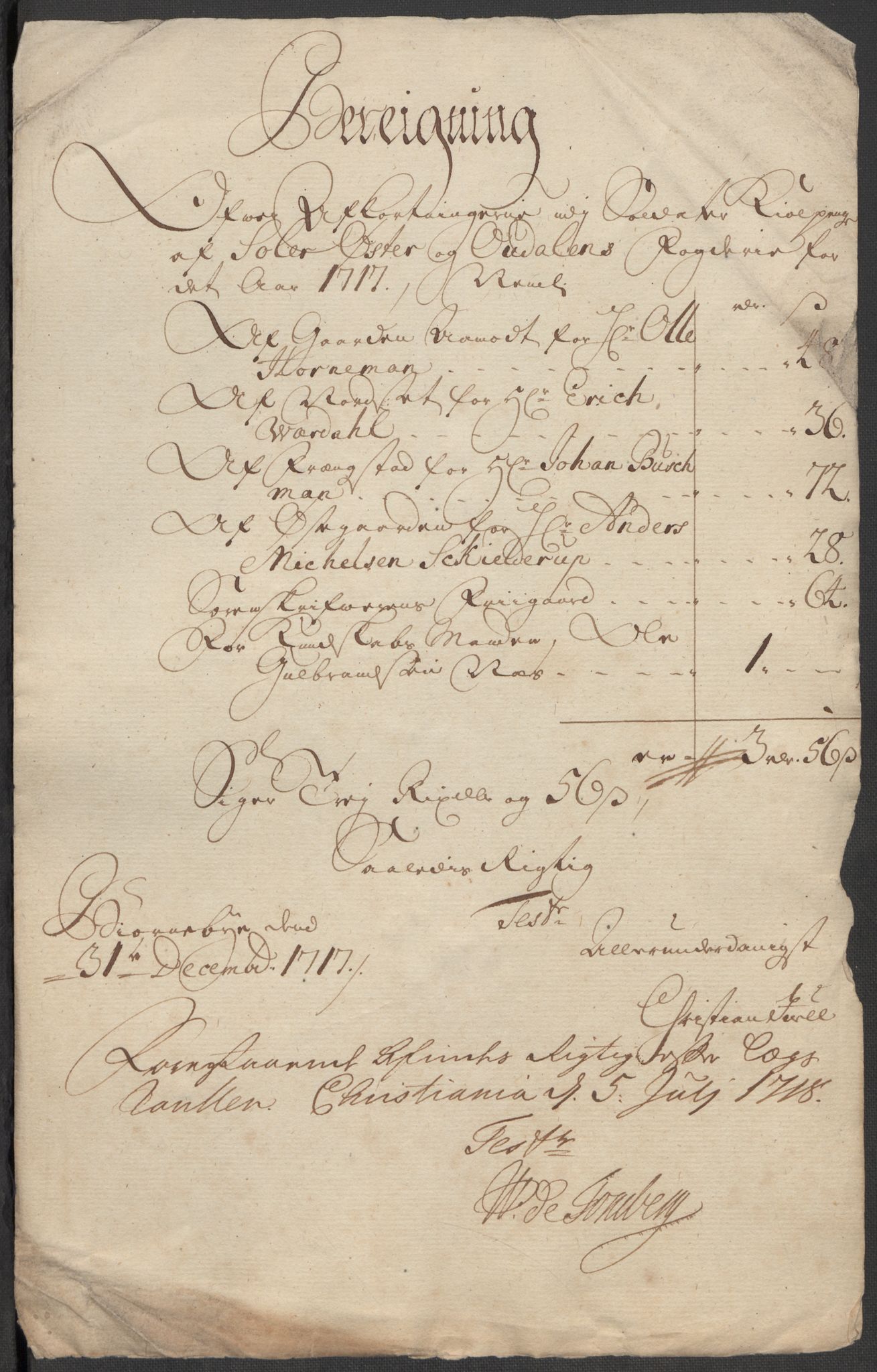 Rentekammeret inntil 1814, Reviderte regnskaper, Fogderegnskap, RA/EA-4092/R13/L0856: Fogderegnskap Solør, Odal og Østerdal, 1717, p. 341
