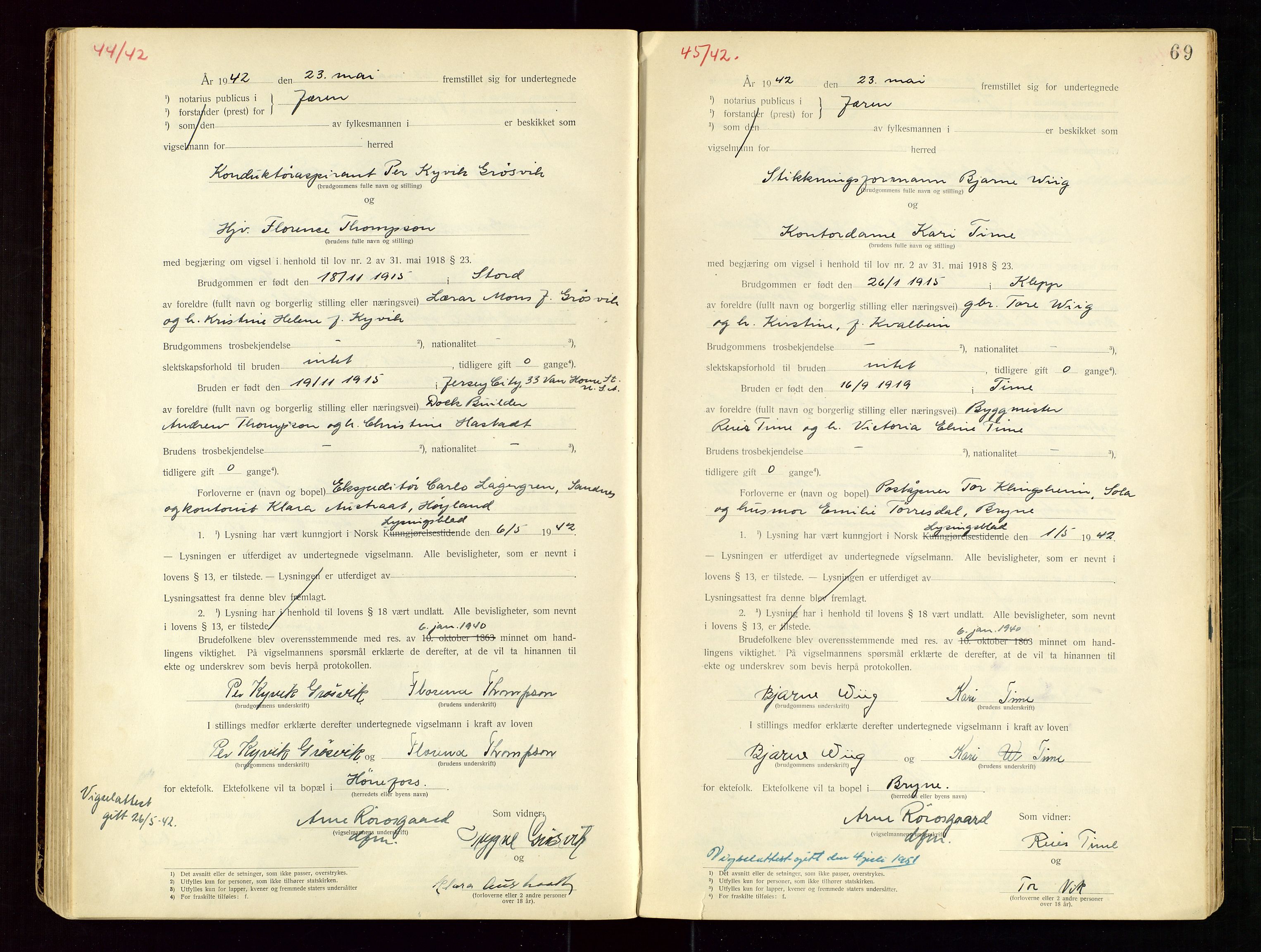 Jæren sorenskriveri, AV/SAST-A-100310/01/6/62/62BA/L0002: VIGSELSPROTOKOLL, 1937-1942, p. 69