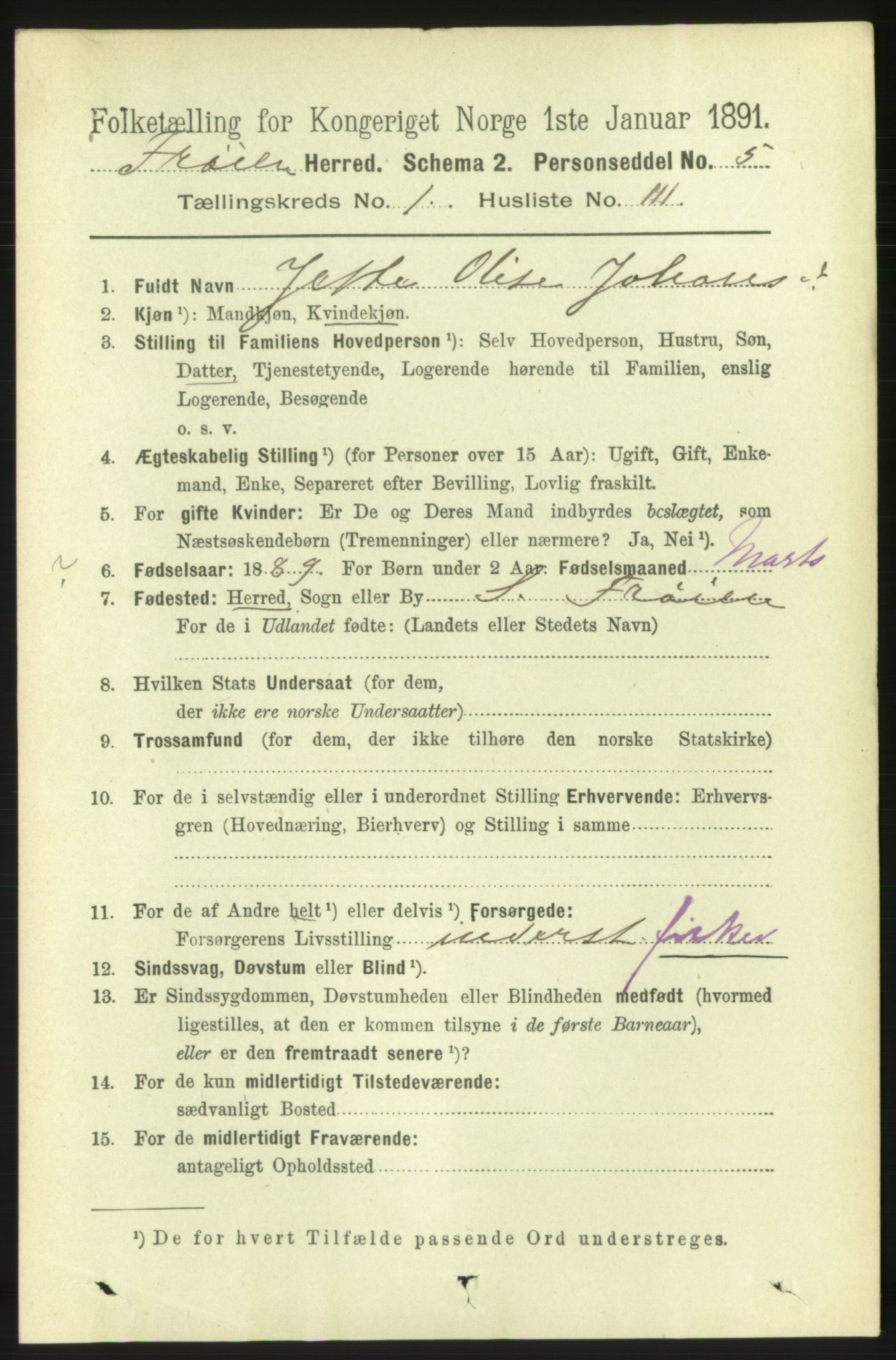 RA, 1891 census for 1619 Frøya, 1891, p. 884