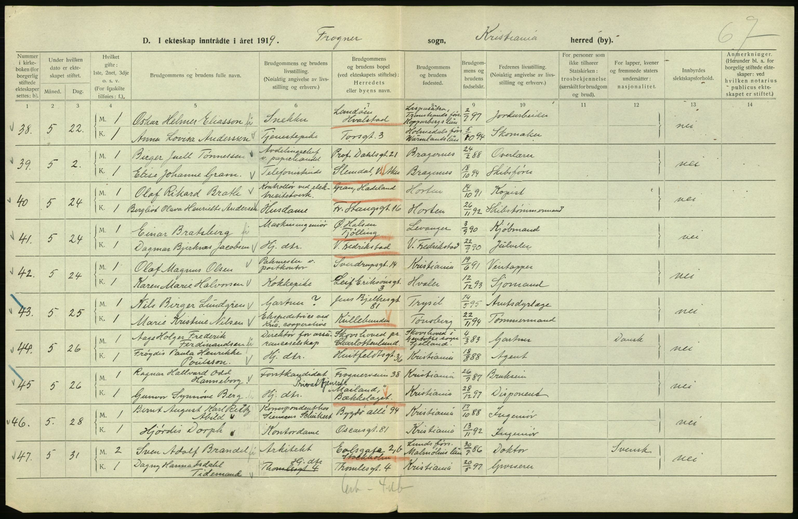 Statistisk sentralbyrå, Sosiodemografiske emner, Befolkning, RA/S-2228/D/Df/Dfb/Dfbi/L0009: Kristiania: Gifte, 1919, p. 180