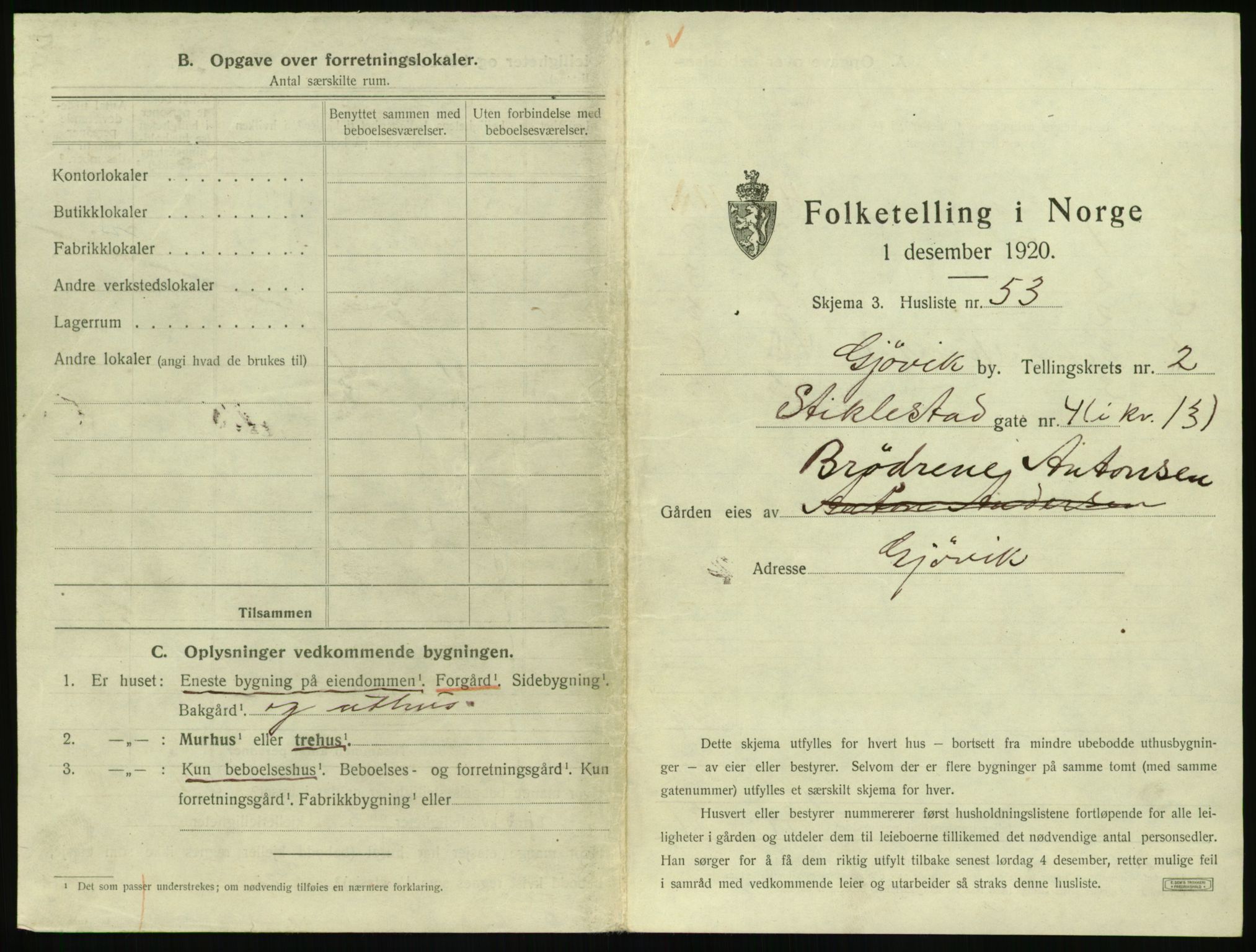 SAH, 1920 census for Gjøvik, 1920, p. 260