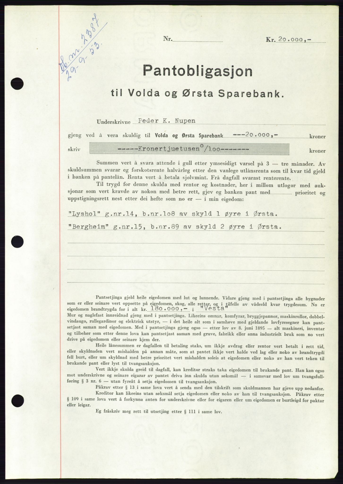 Søre Sunnmøre sorenskriveri, AV/SAT-A-4122/1/2/2C/L0124: Mortgage book no. 12B, 1953-1954, Diary no: : 2387/1953