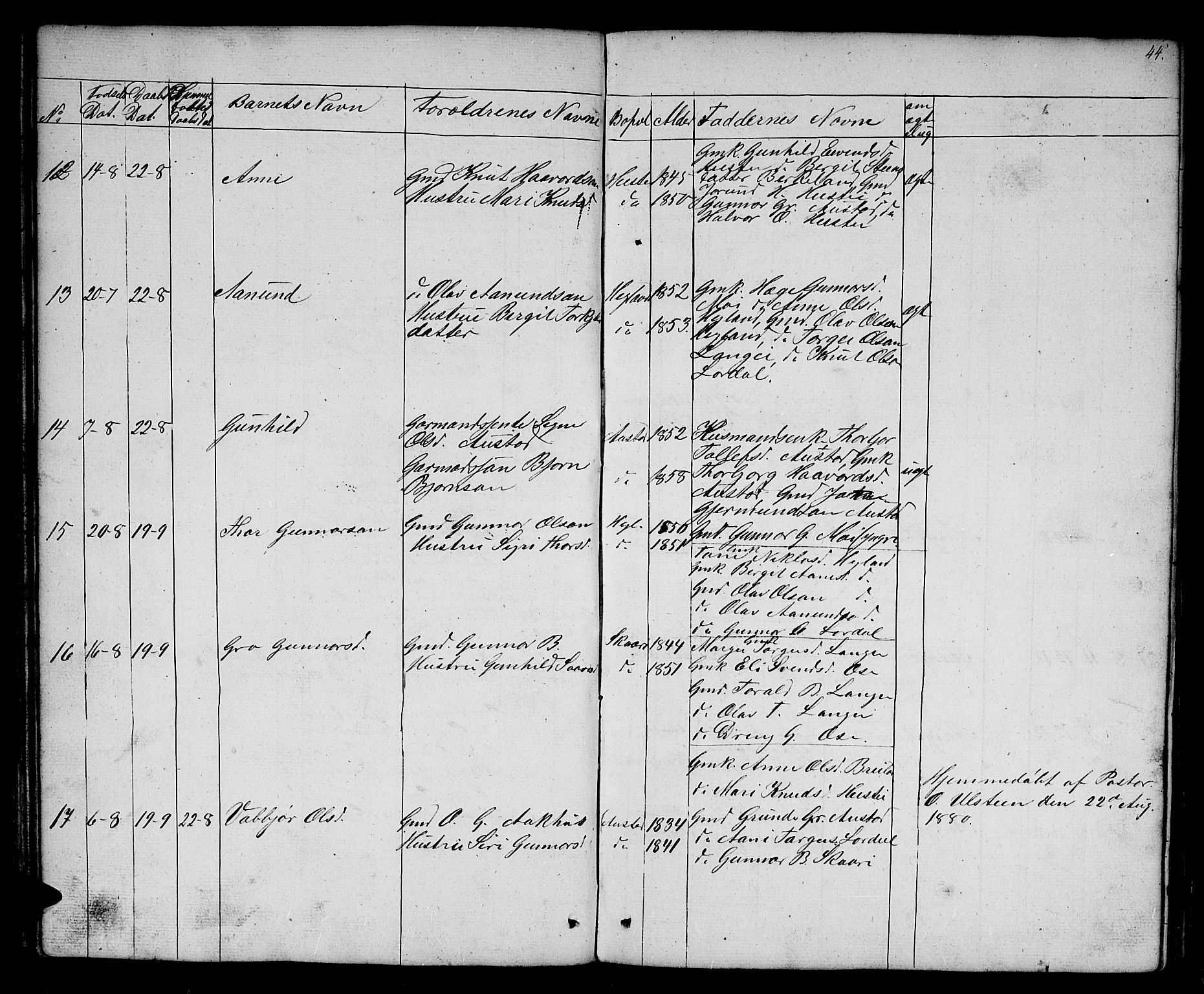 Bygland sokneprestkontor, AV/SAK-1111-0006/F/Fb/Fba/L0001: Parish register (copy) no. B 1, 1848-1886, p. 44