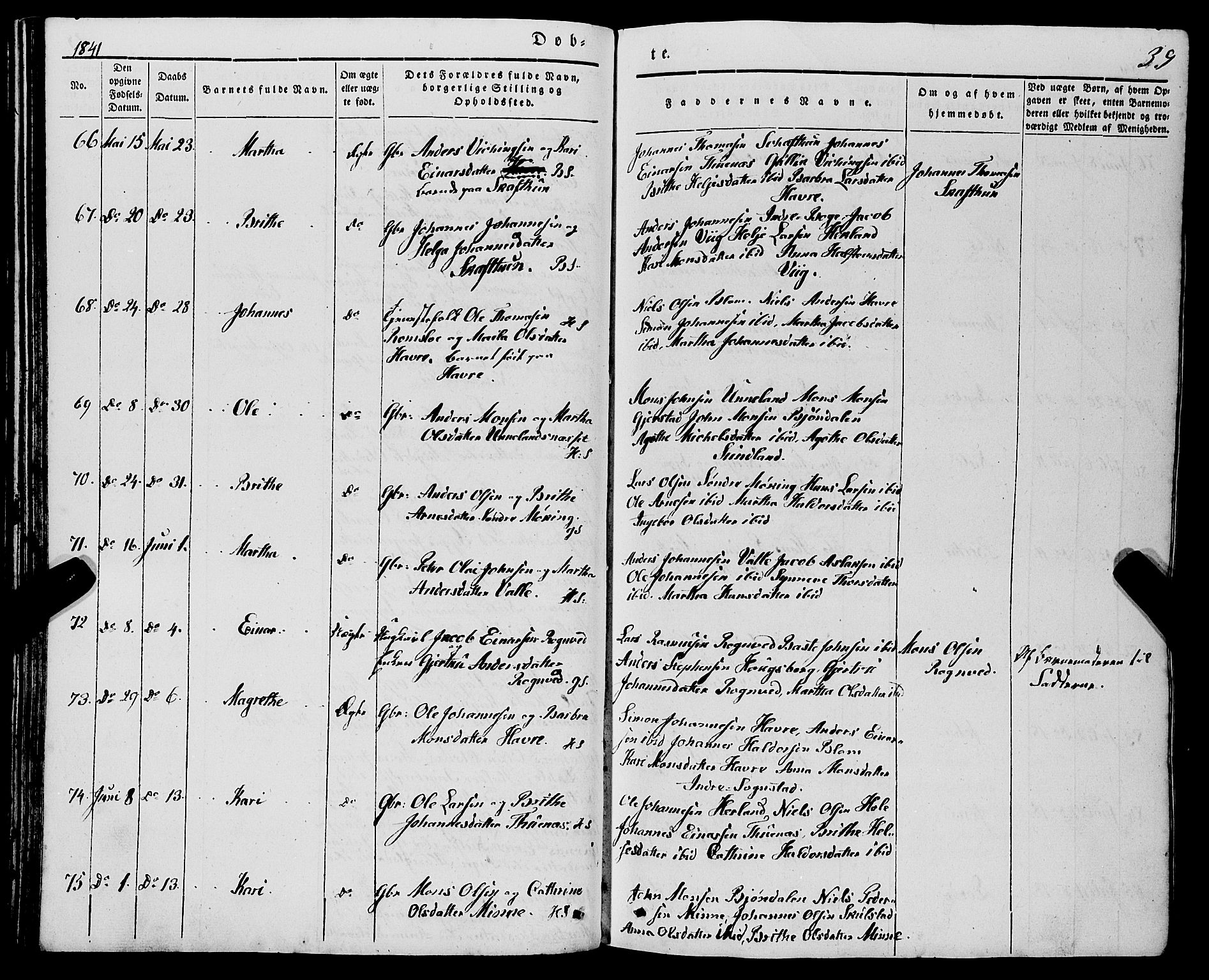 Haus sokneprestembete, AV/SAB-A-75601/H/Haa: Parish register (official) no. A 15, 1838-1847, p. 39