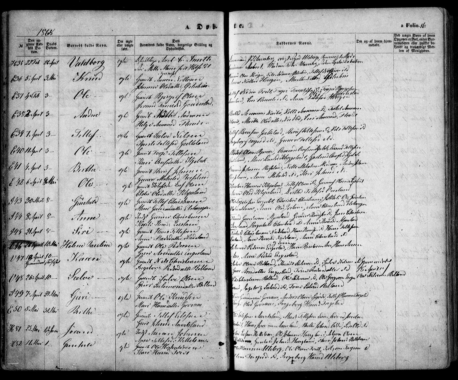 Evje sokneprestkontor, AV/SAK-1111-0008/F/Fa/Faa/L0006: Parish register (official) no. A 6, 1866-1884, p. 16