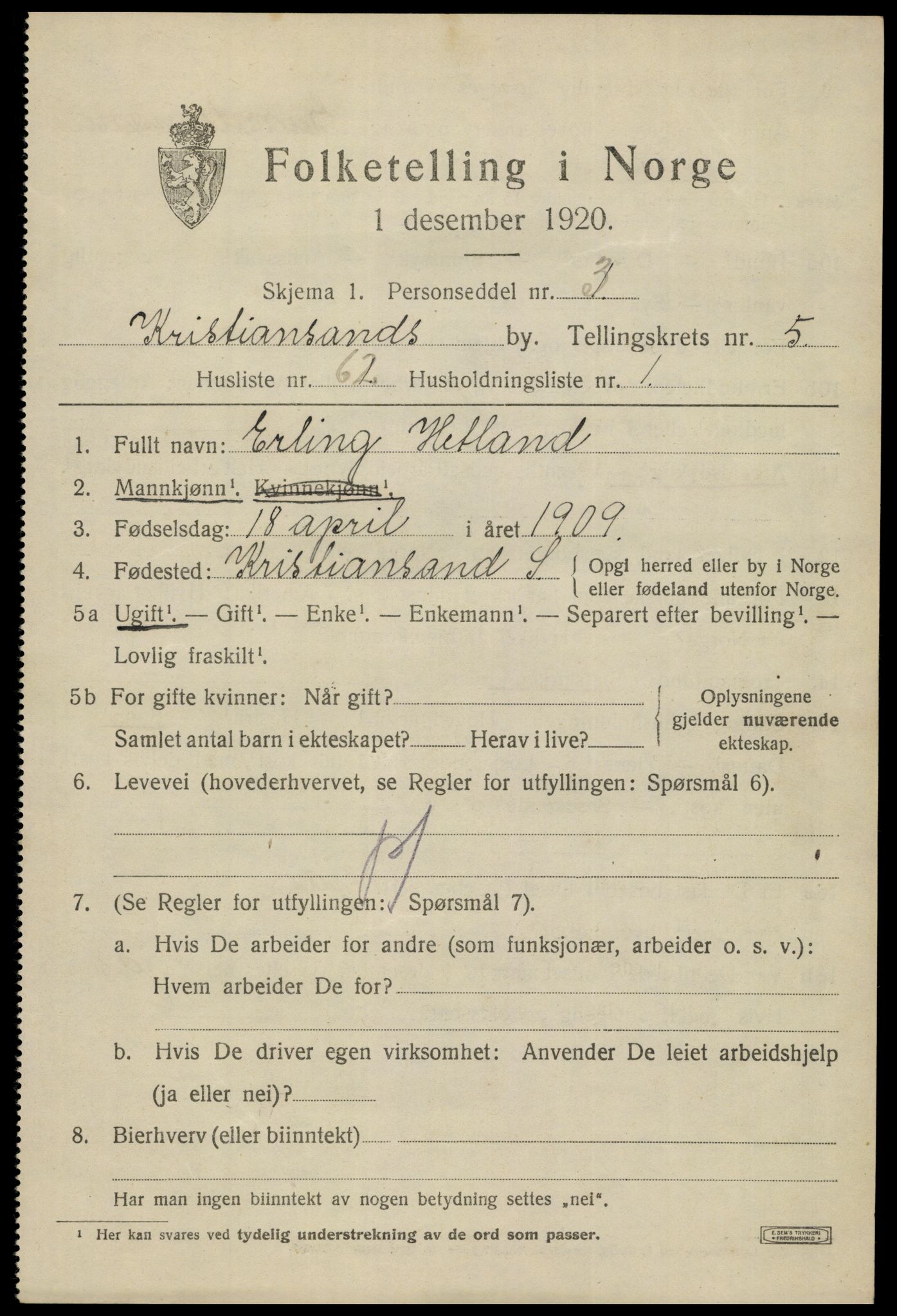 SAK, 1920 census for Kristiansand, 1920, p. 18209