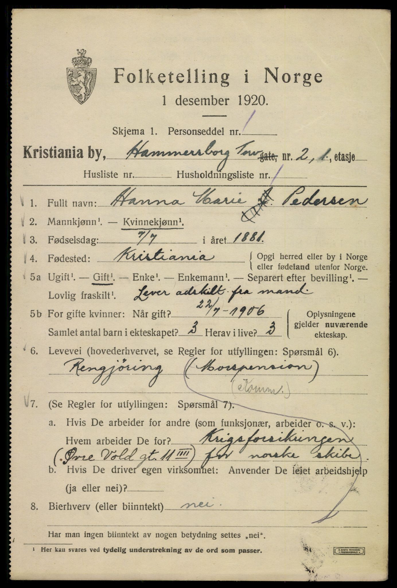 SAO, 1920 census for Kristiania, 1920, p. 268523