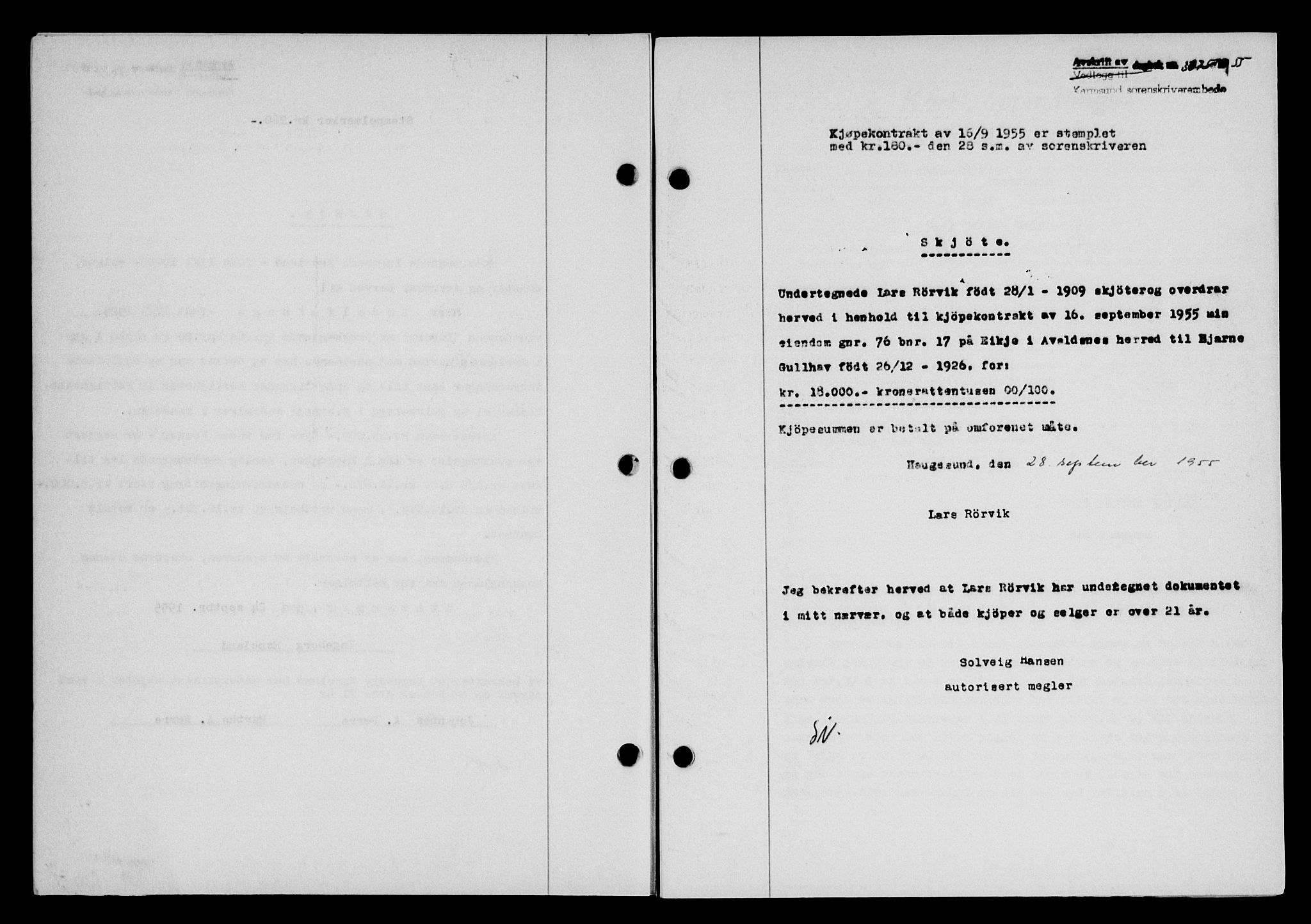 Karmsund sorenskriveri, SAST/A-100311/01/II/IIB/L0117: Mortgage book no. 97Aa, 1955-1955, Diary no: : 3075/1955