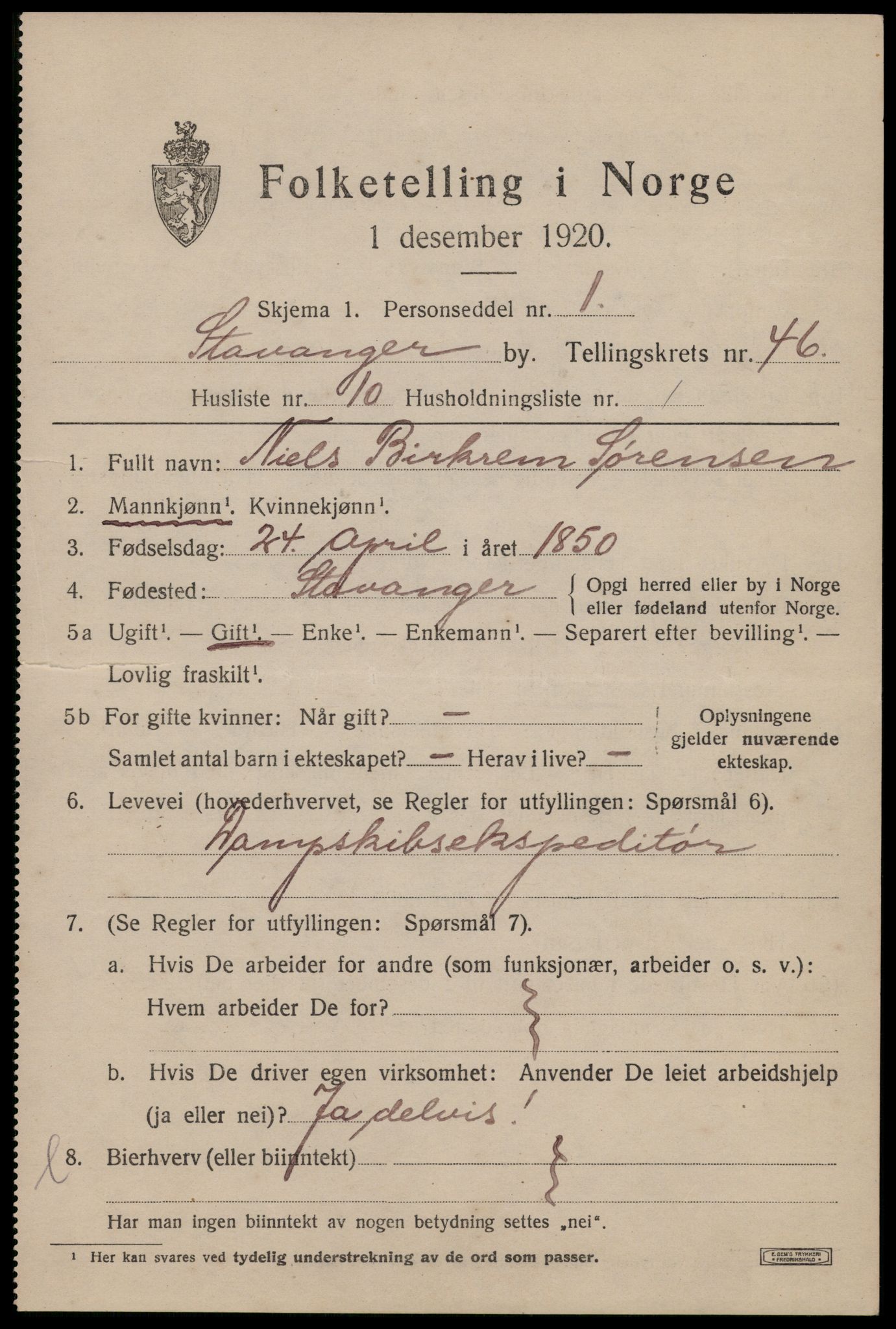 SAST, 1920 census for Stavanger, 1920, p. 112484