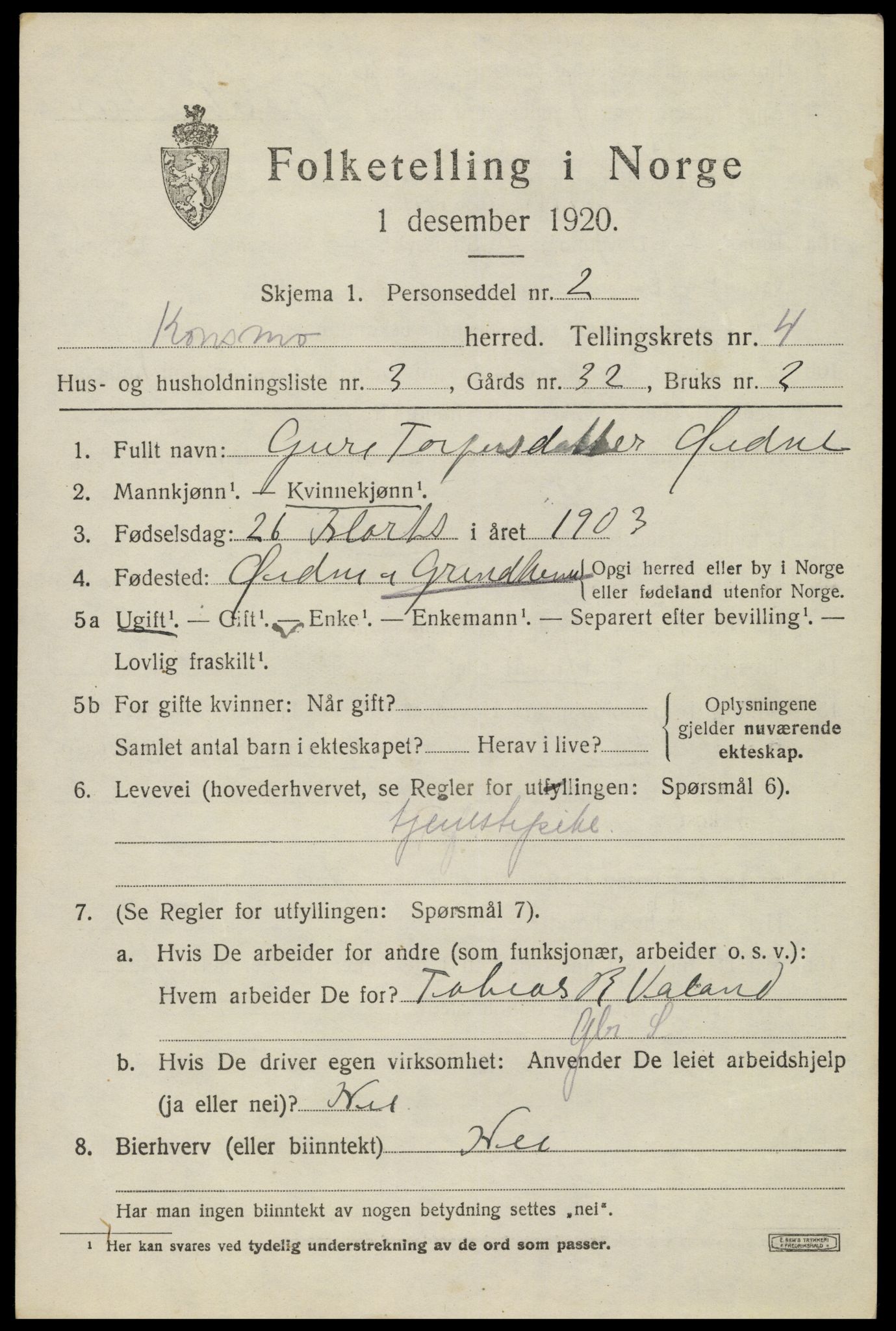 SAK, 1920 census for Konsmo, 1920, p. 1218