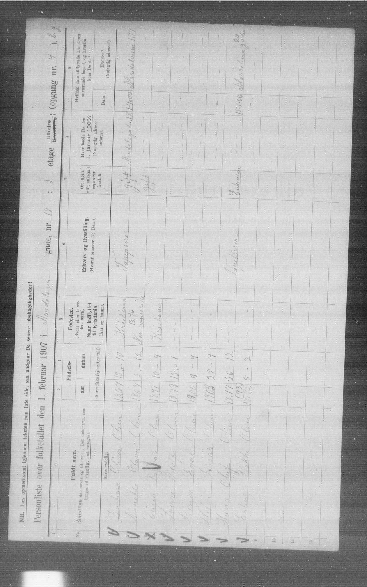 OBA, Municipal Census 1907 for Kristiania, 1907, p. 1129