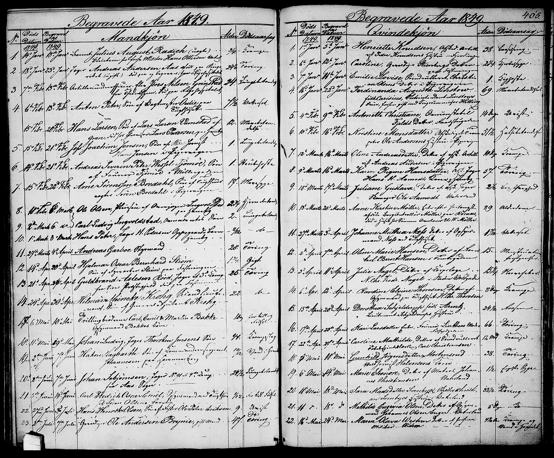 Garnisonsmenigheten Kirkebøker, AV/SAO-A-10846/G/Ga/L0005: Parish register (copy) no. 5, 1841-1860, p. 405