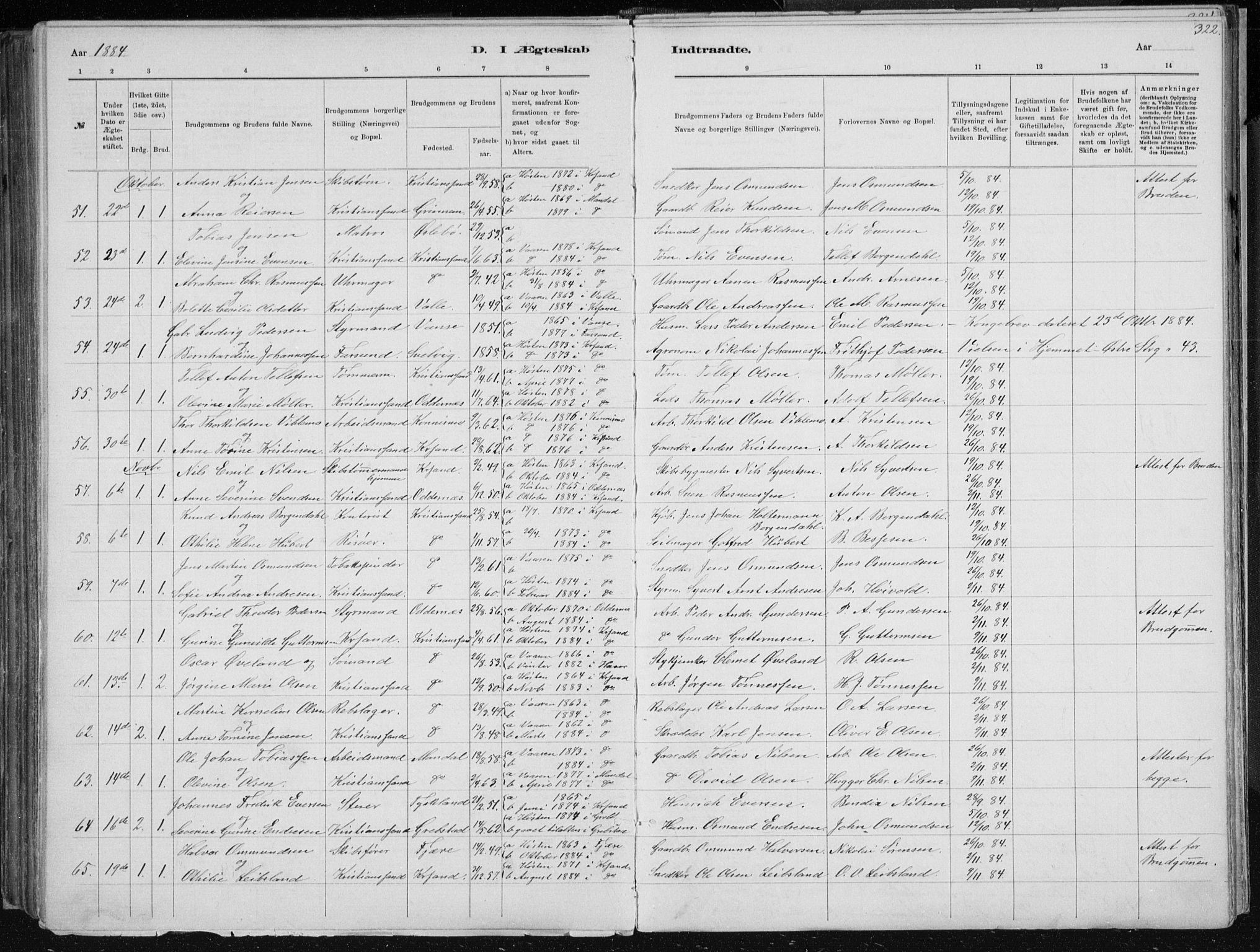 Kristiansand domprosti, AV/SAK-1112-0006/F/Fb/L0014: Parish register (copy) no. B 14, 1881-1896, p. 322