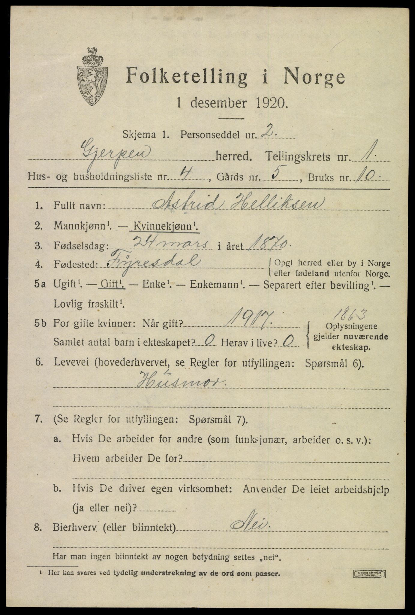 SAKO, 1920 census for Gjerpen, 1920, p. 2726