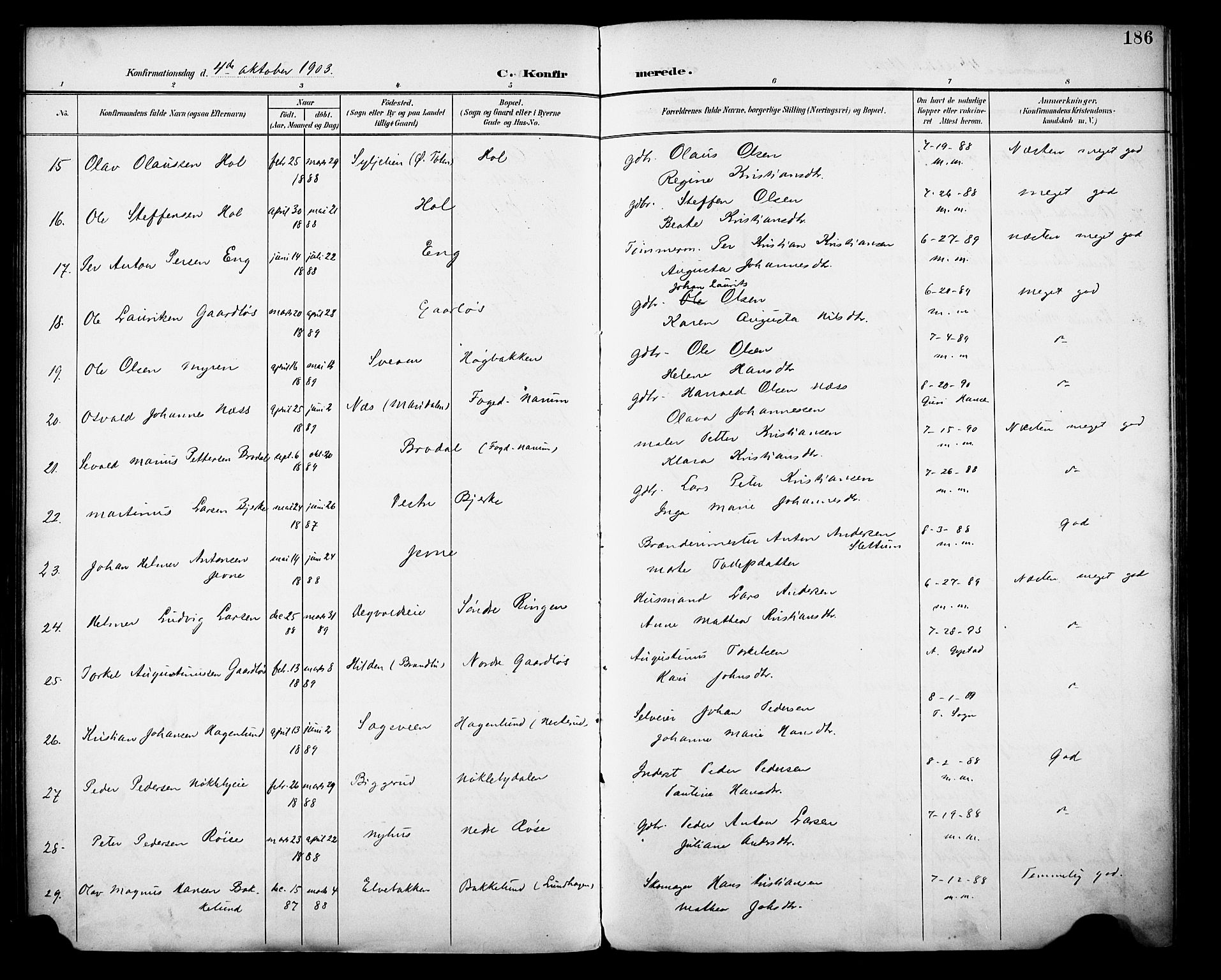 Vestre Toten prestekontor, SAH/PREST-108/H/Ha/Haa/L0013: Parish register (official) no. 13, 1895-1911, p. 186
