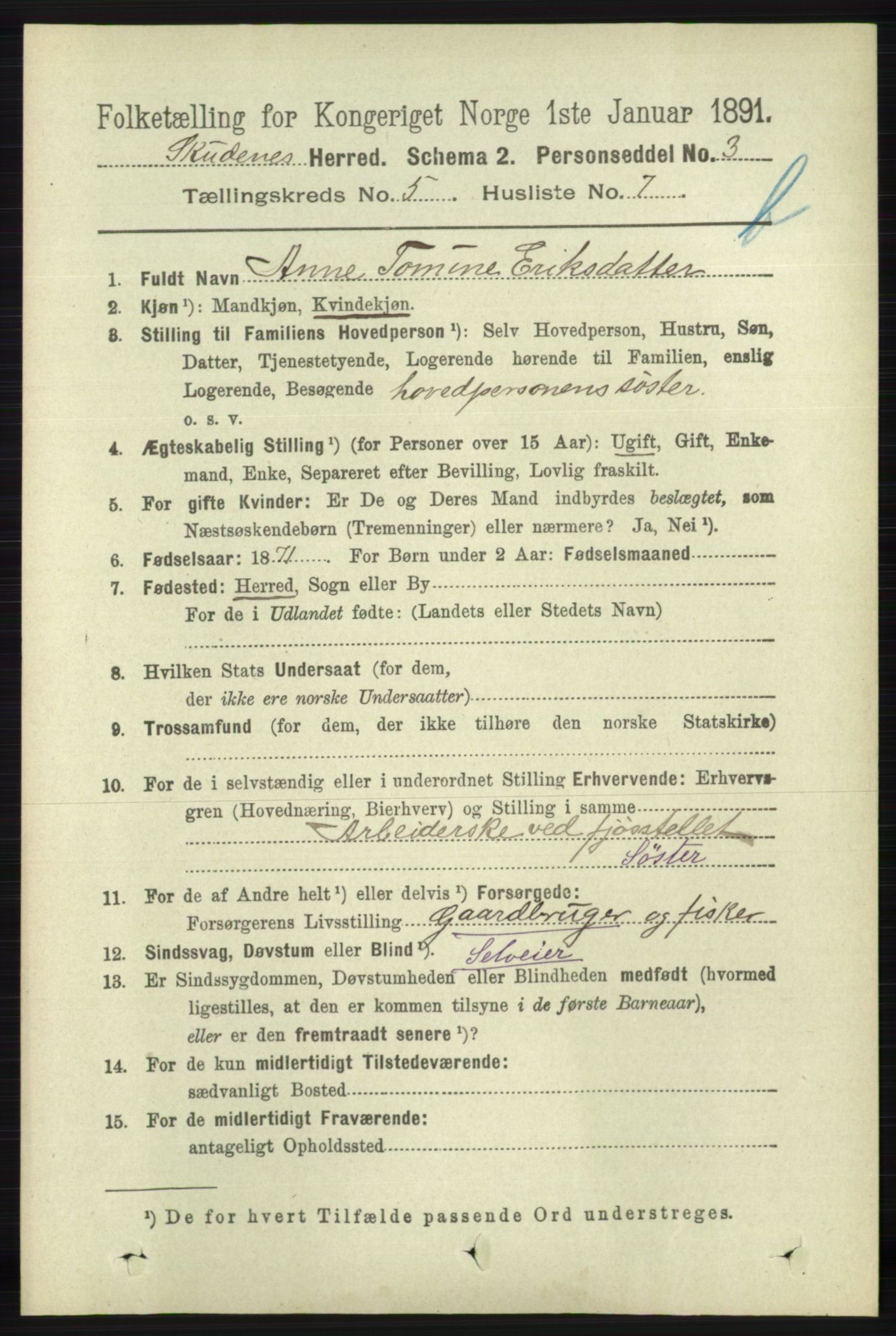 RA, 1891 census for 1150 Skudenes, 1891, p. 5266