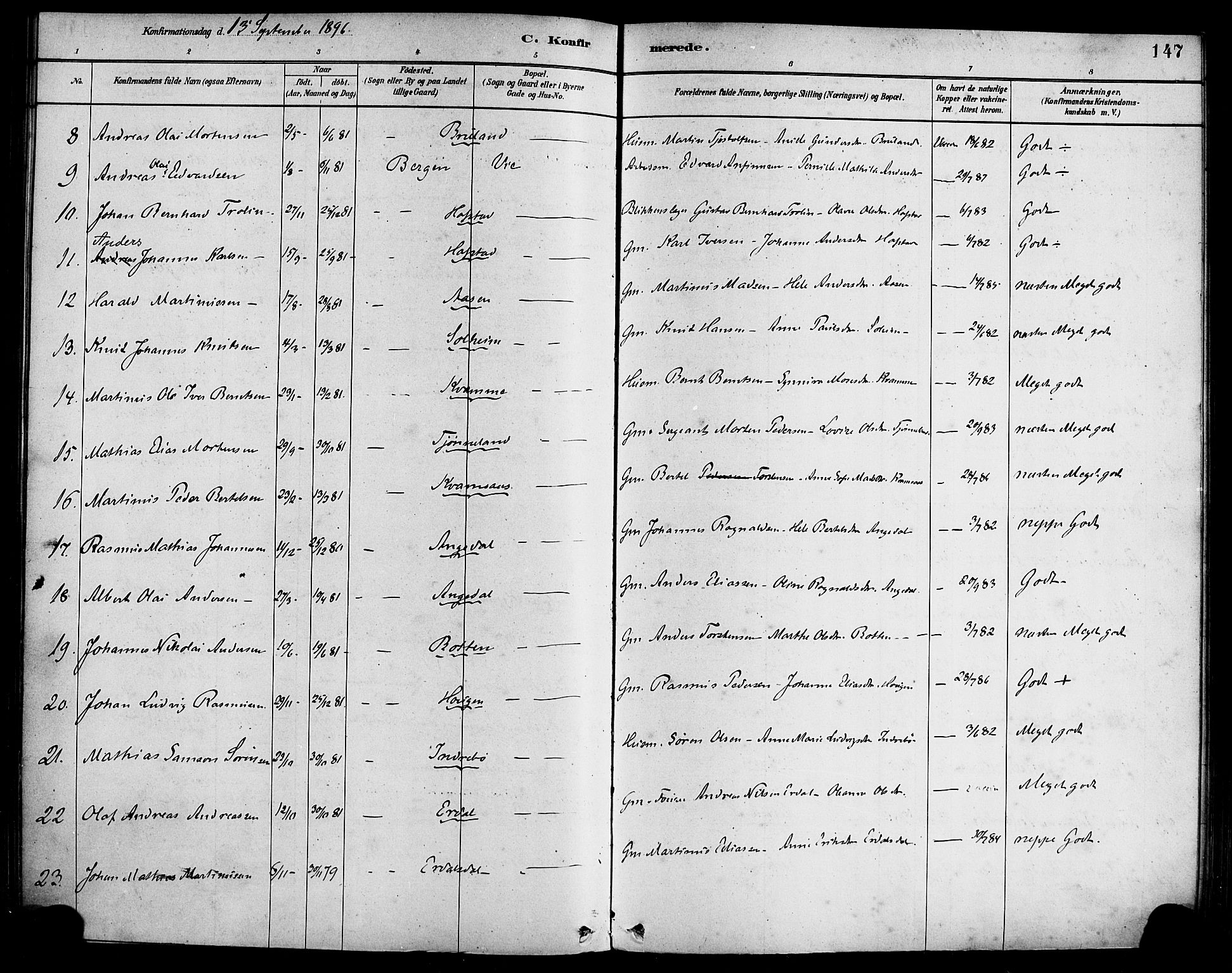 Førde sokneprestembete, AV/SAB-A-79901/H/Haa/Haab/L0001: Parish register (official) no. B 1, 1880-1898, p. 147