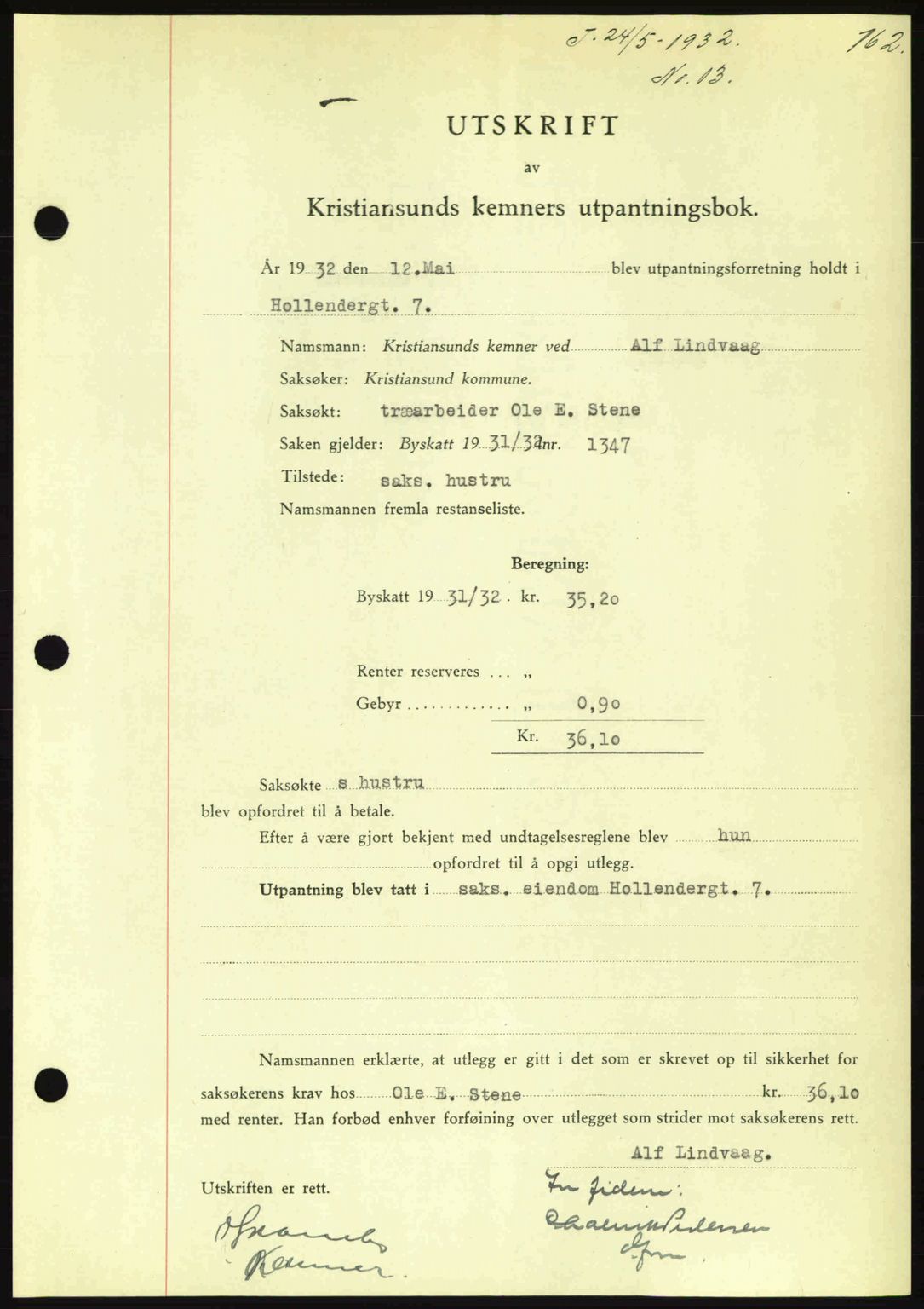 Kristiansund byfogd, AV/SAT-A-4587/A/27: Mortgage book no. 26, 1931-1933, Deed date: 24.05.1932