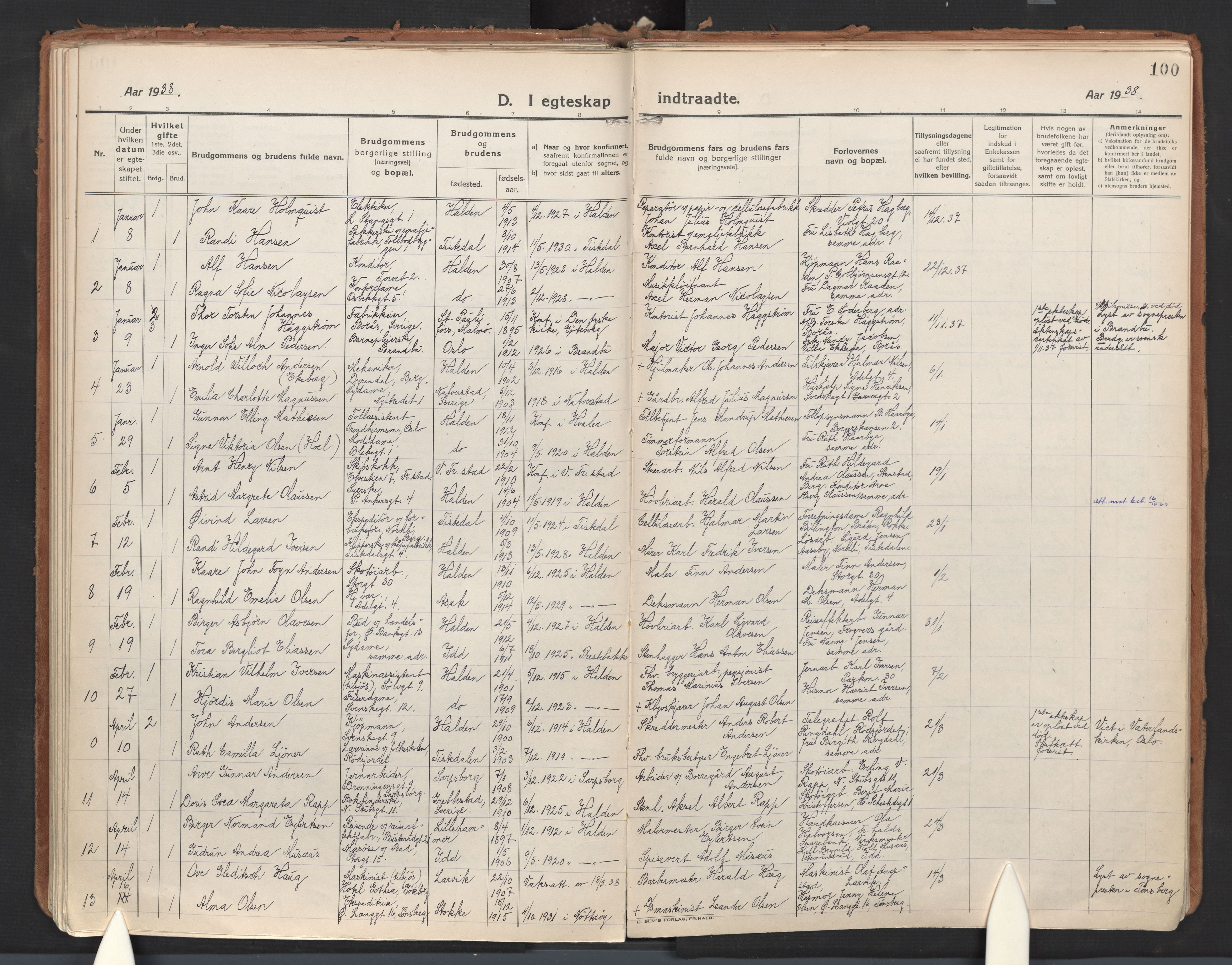 Halden prestekontor Kirkebøker, SAO/A-10909/F/Fa/L0017: Parish register (official) no. I 17, 1921-1945, p. 100