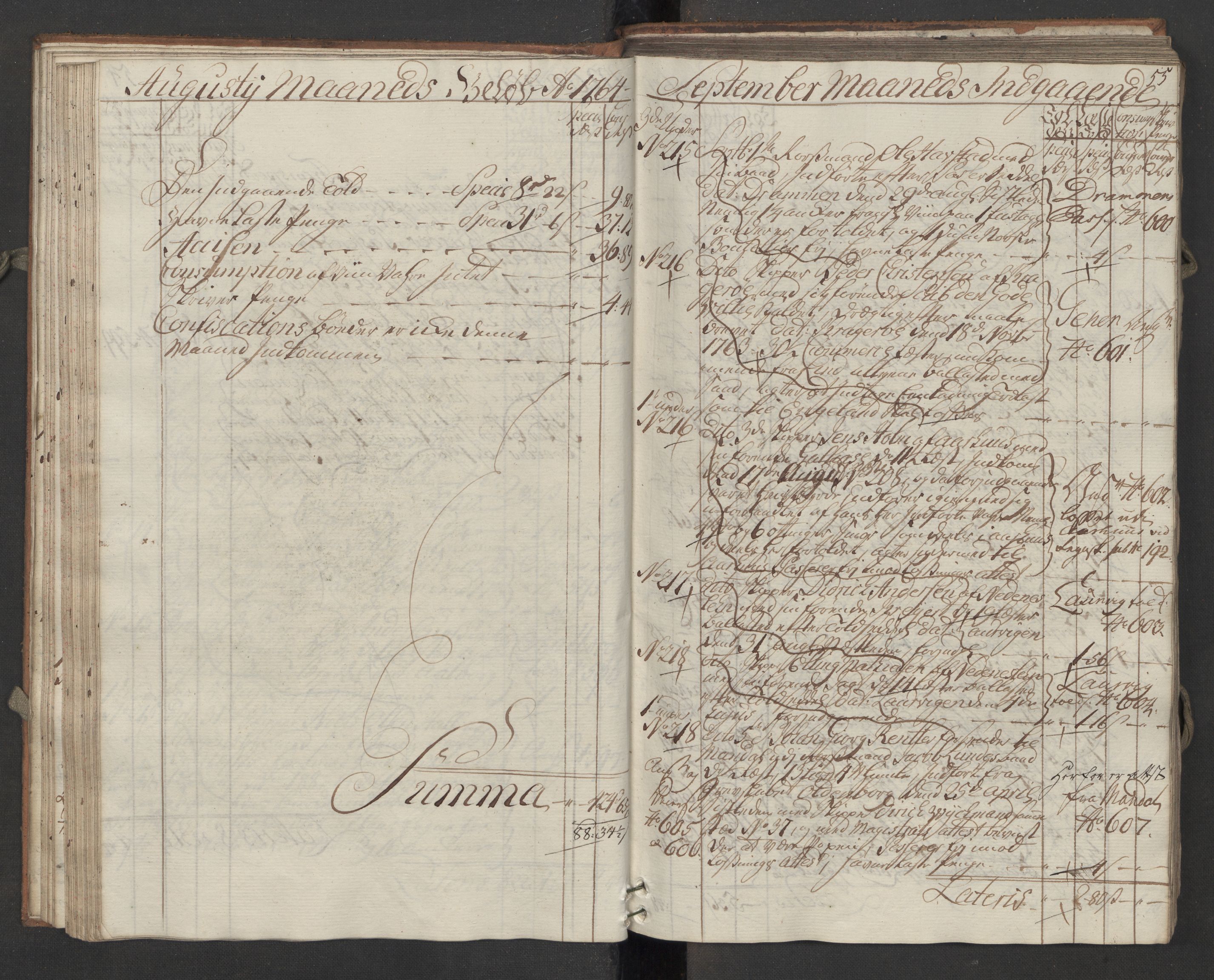 Generaltollkammeret, tollregnskaper, AV/RA-EA-5490/R13/L0036/0001: Tollregnskaper Kragerø / Inngående hovedtollbok, 1764, p. 54b-55a