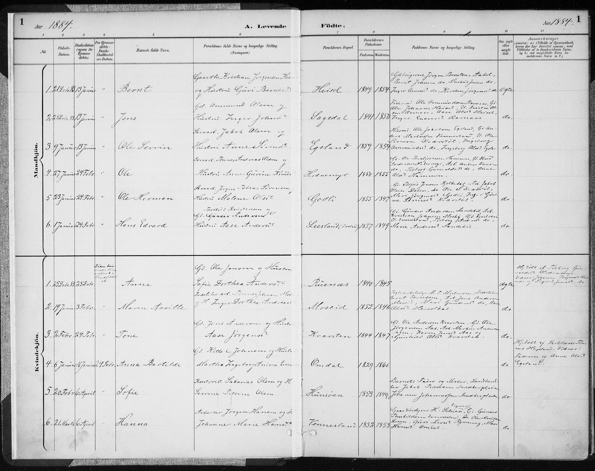 Vennesla sokneprestkontor, AV/SAK-1111-0045/Fa/Fab/L0004: Parish register (official) no. A 4, 1884-1896, p. 1