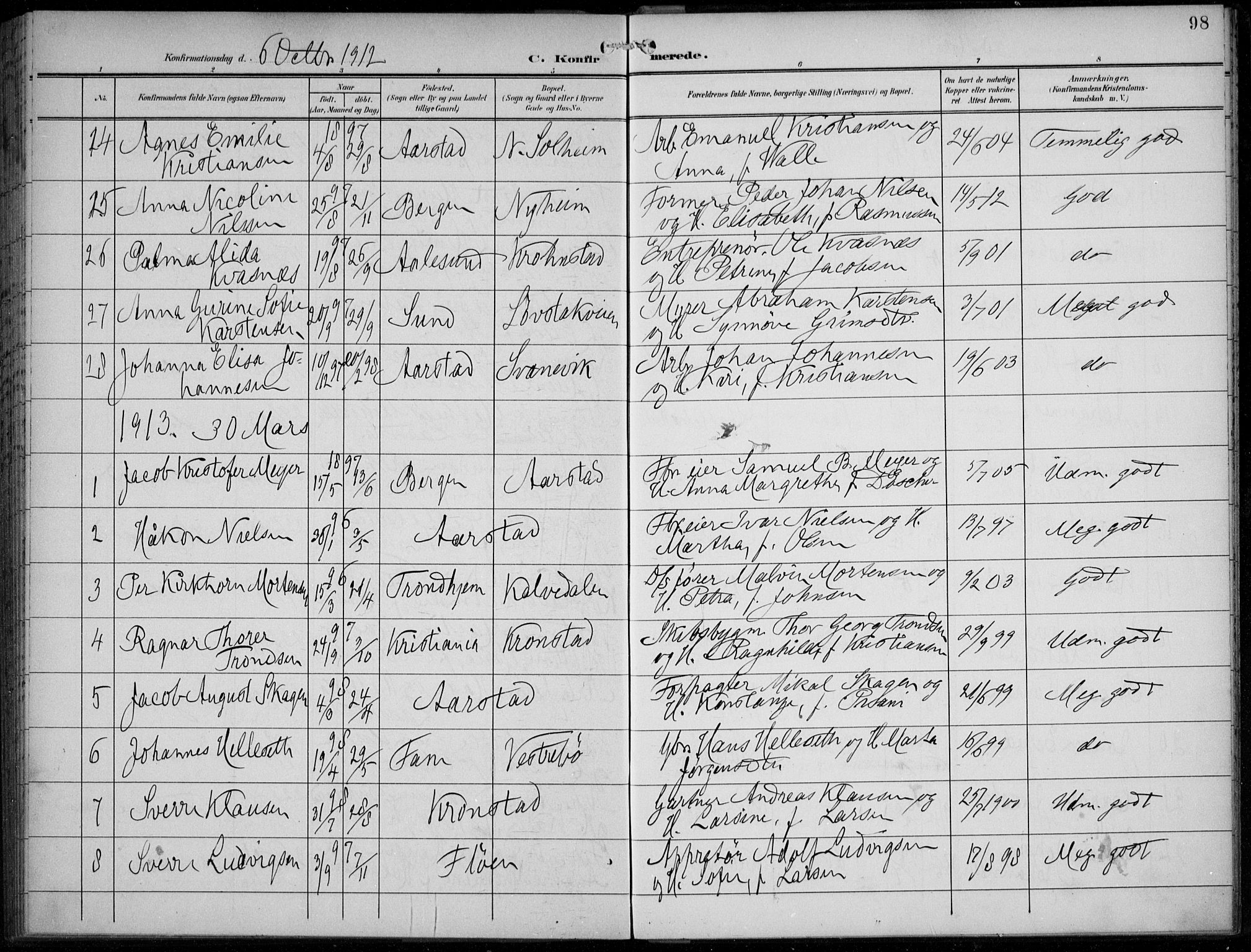 Årstad Sokneprestembete, AV/SAB-A-79301/H/Haa/L0007: Parish register (official) no. B 2, 1901-1914, p. 98