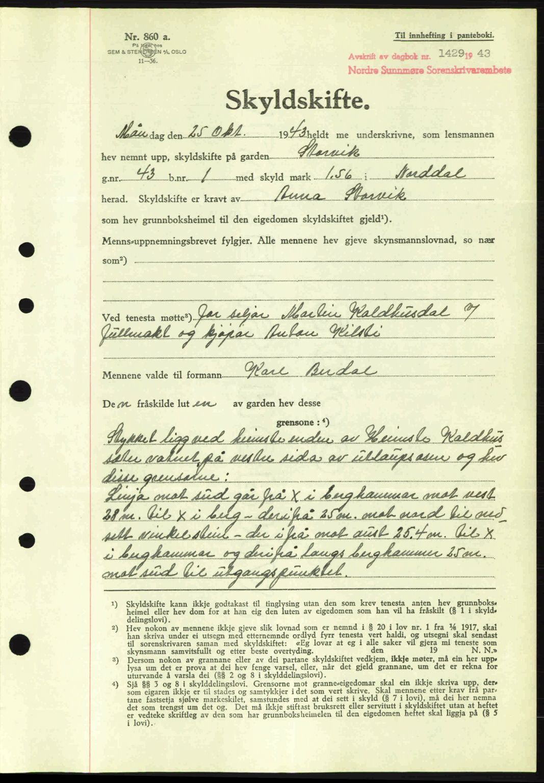 Nordre Sunnmøre sorenskriveri, AV/SAT-A-0006/1/2/2C/2Ca: Mortgage book no. A16, 1943-1943, Diary no: : 1429/1943