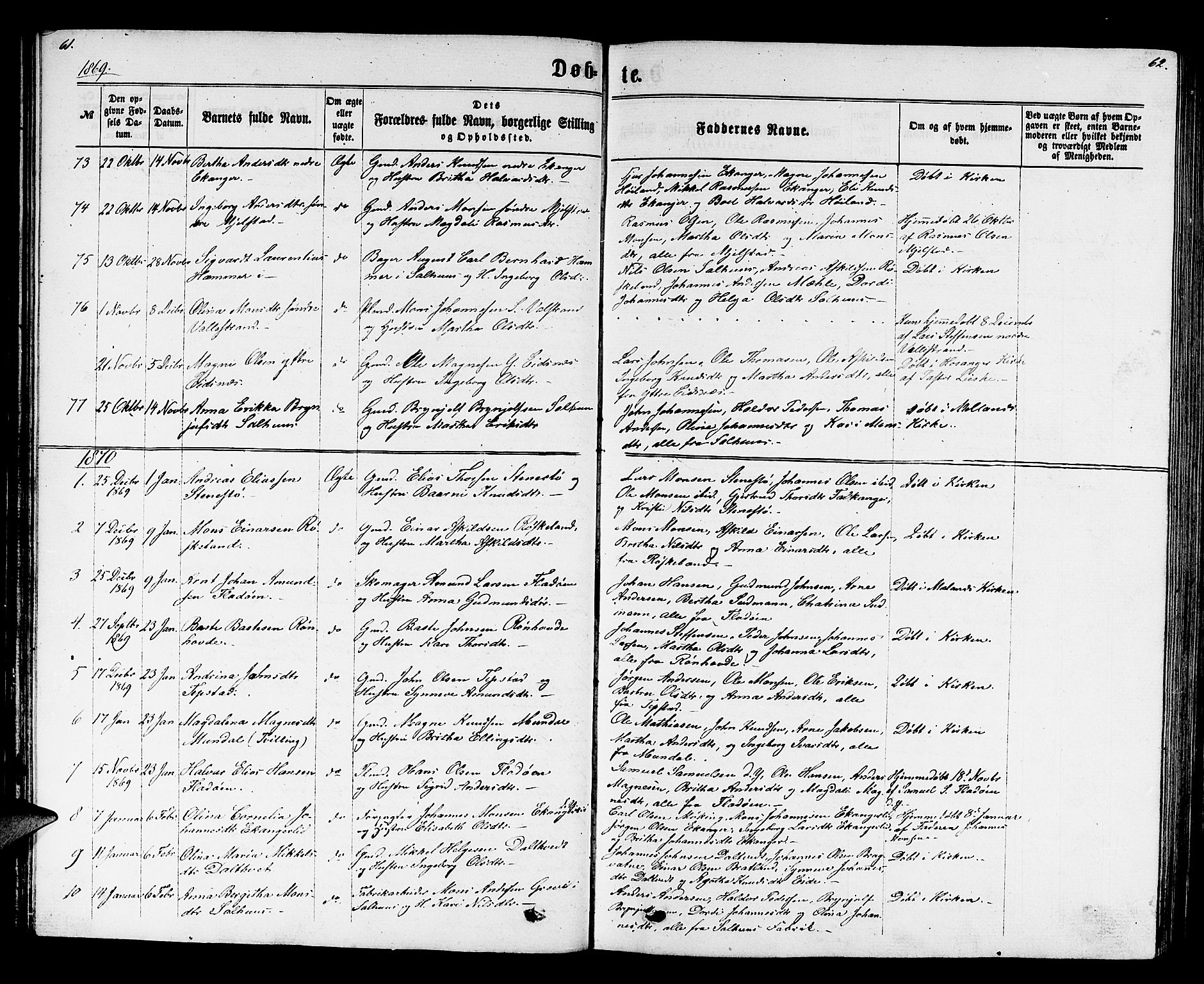 Hamre sokneprestembete, SAB/A-75501/H/Ha/Hab: Parish register (copy) no. B 2, 1863-1880, p. 61-62