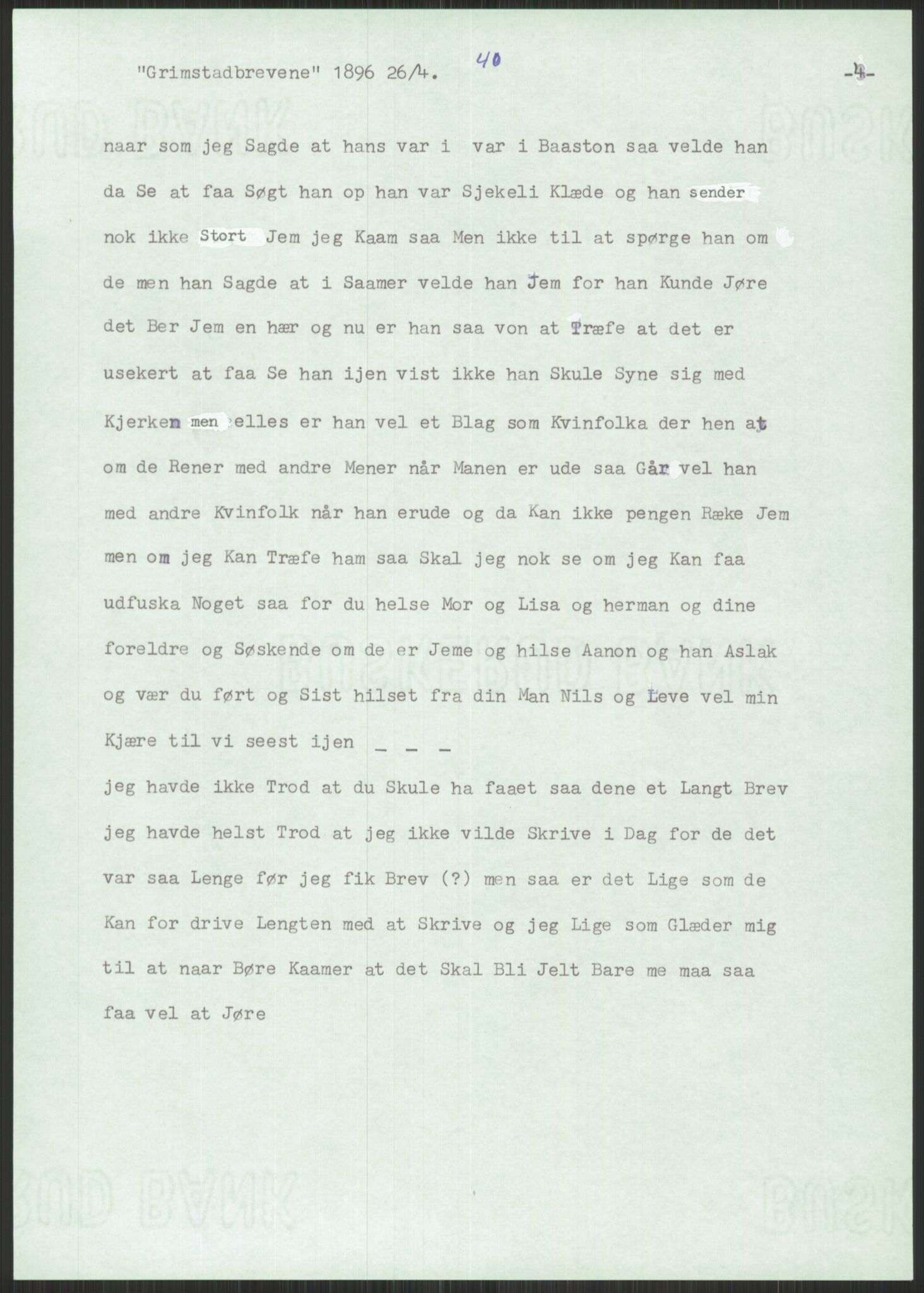 Samlinger til kildeutgivelse, Amerikabrevene, AV/RA-EA-4057/F/L0025: Innlån fra Aust-Agder: Aust-Agder-Arkivet, Grimstadbrevene, 1838-1914, p. 419