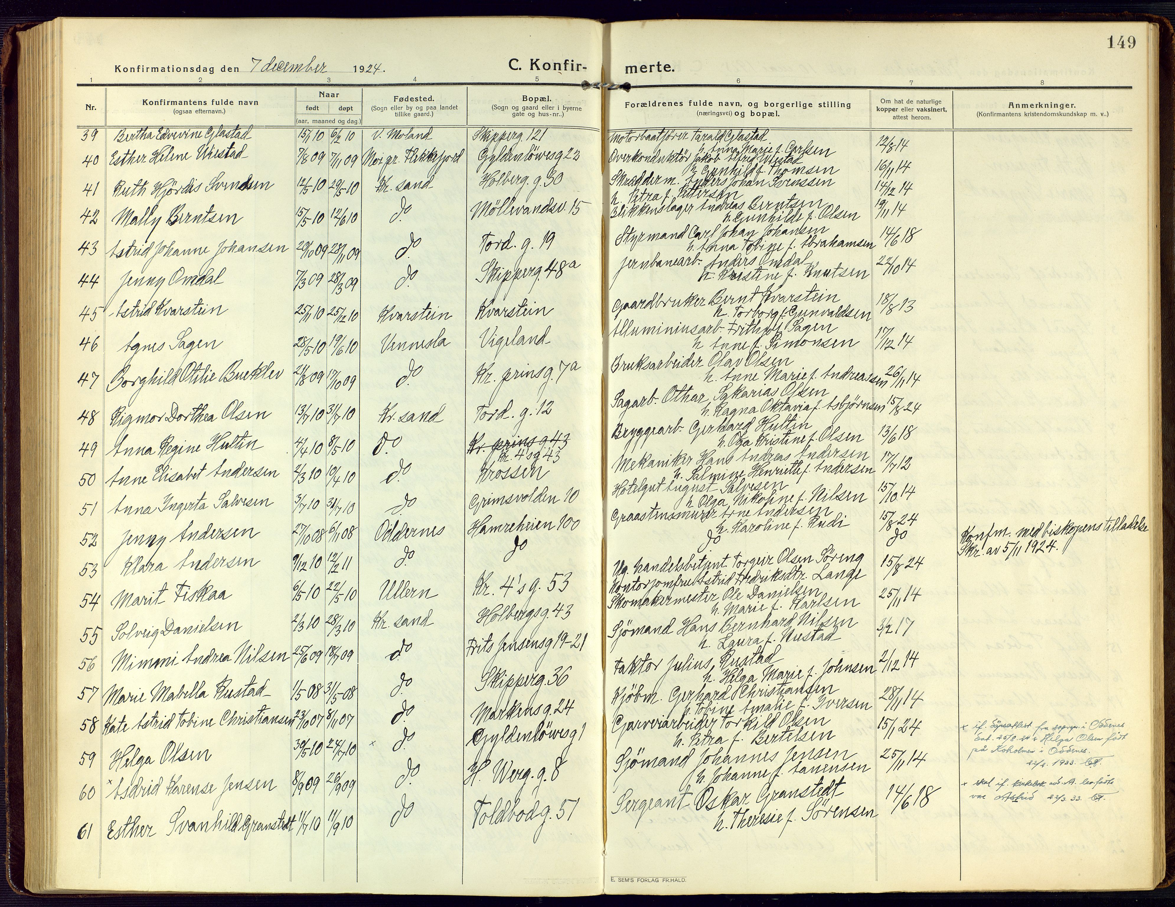 Kristiansand domprosti, SAK/1112-0006/F/Fa/L0026: Parish register (official) no. A 25, 1916-1928, p. 149