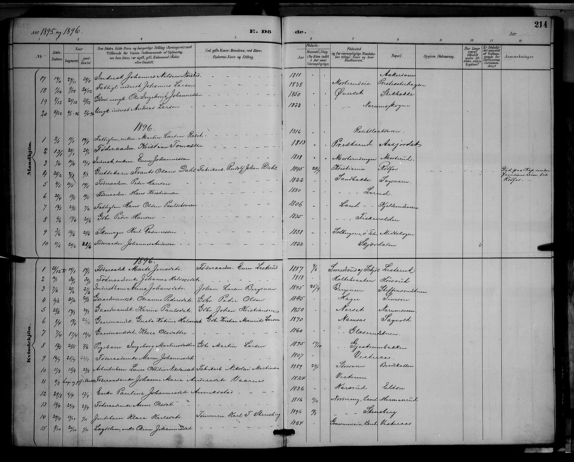 Vestre Toten prestekontor, SAH/PREST-108/H/Ha/Hab/L0009: Parish register (copy) no. 9, 1888-1900, p. 214