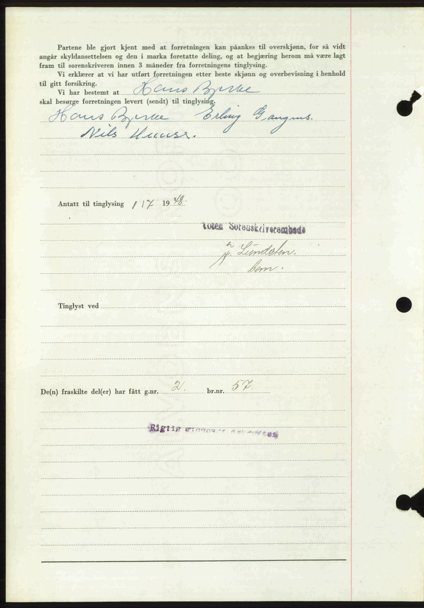Toten tingrett, SAH/TING-006/H/Hb/Hbc/L0020: Mortgage book no. Hbc-20, 1948-1948, Diary no: : 2055/1948